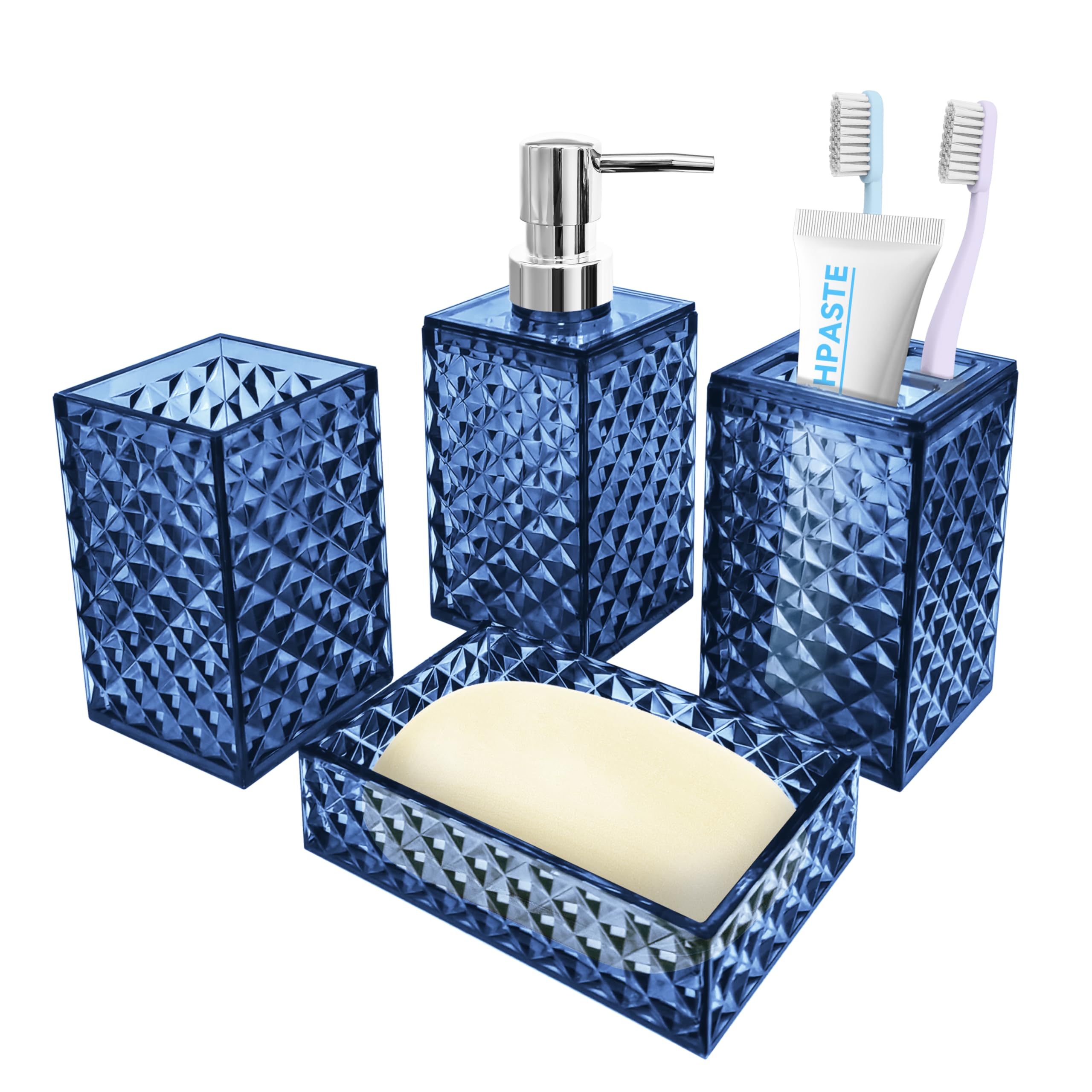Seeatoo Bathroom Accessory Set, 4 Pcs Blue Bathroom Accessories Sets, Soap Dispenser And Toothbrush Holder Set, Soap Dish And Mo