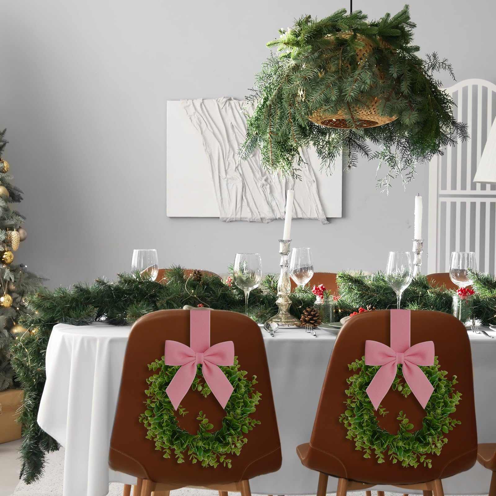 WILLBOND 2 Pcs Christmas Kitchen Cabinet Wreath Boxwood Garland with Ribbon Greenery Garland Hanging Wreaths for Cabinet Wall Wi