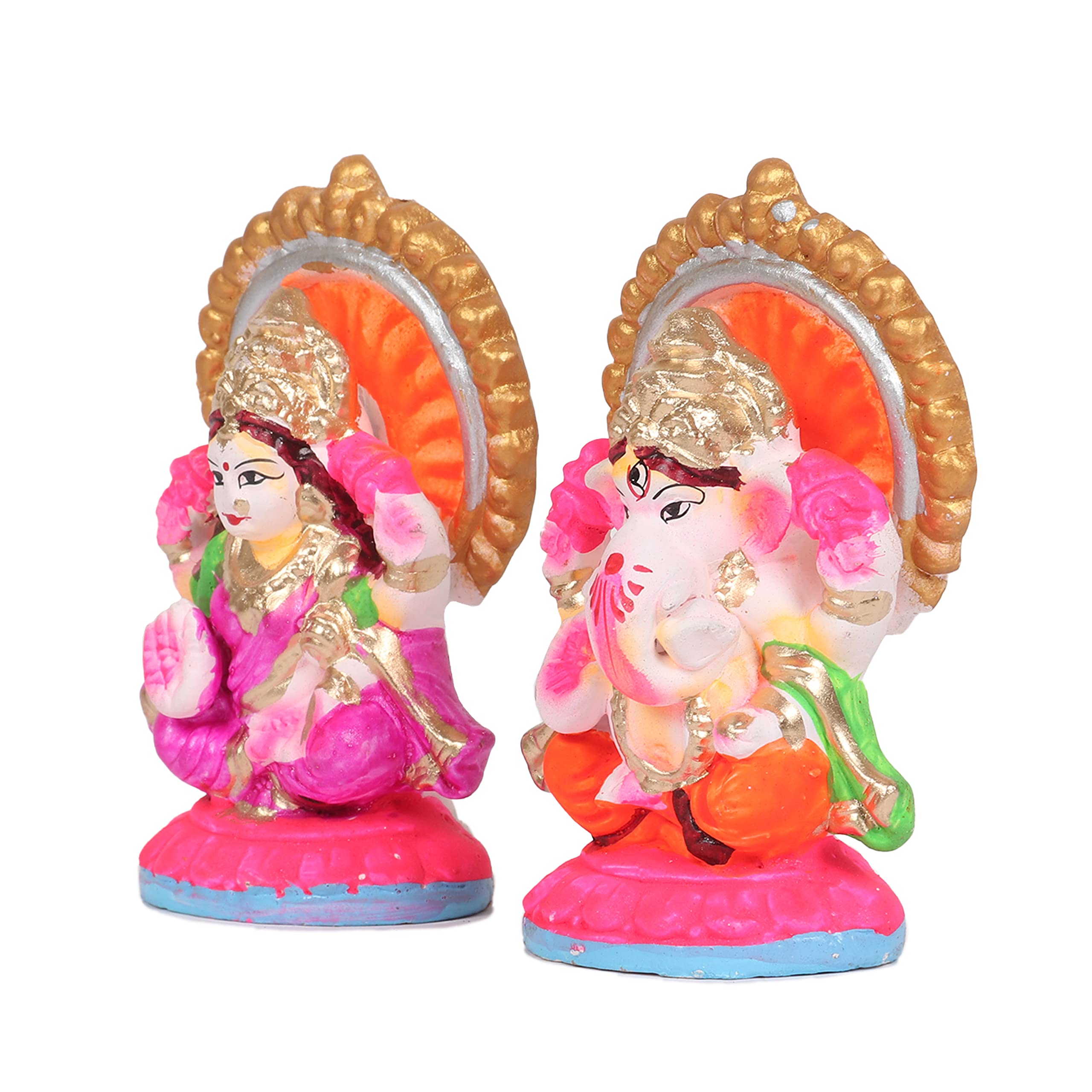 Khajuraho Crafts | Vibrant Small Laxmi Ganesh Set Idol | Terracotta Clay-Based Lakshmi Ganesha Idols for Diwali Gifts Puja (3.5