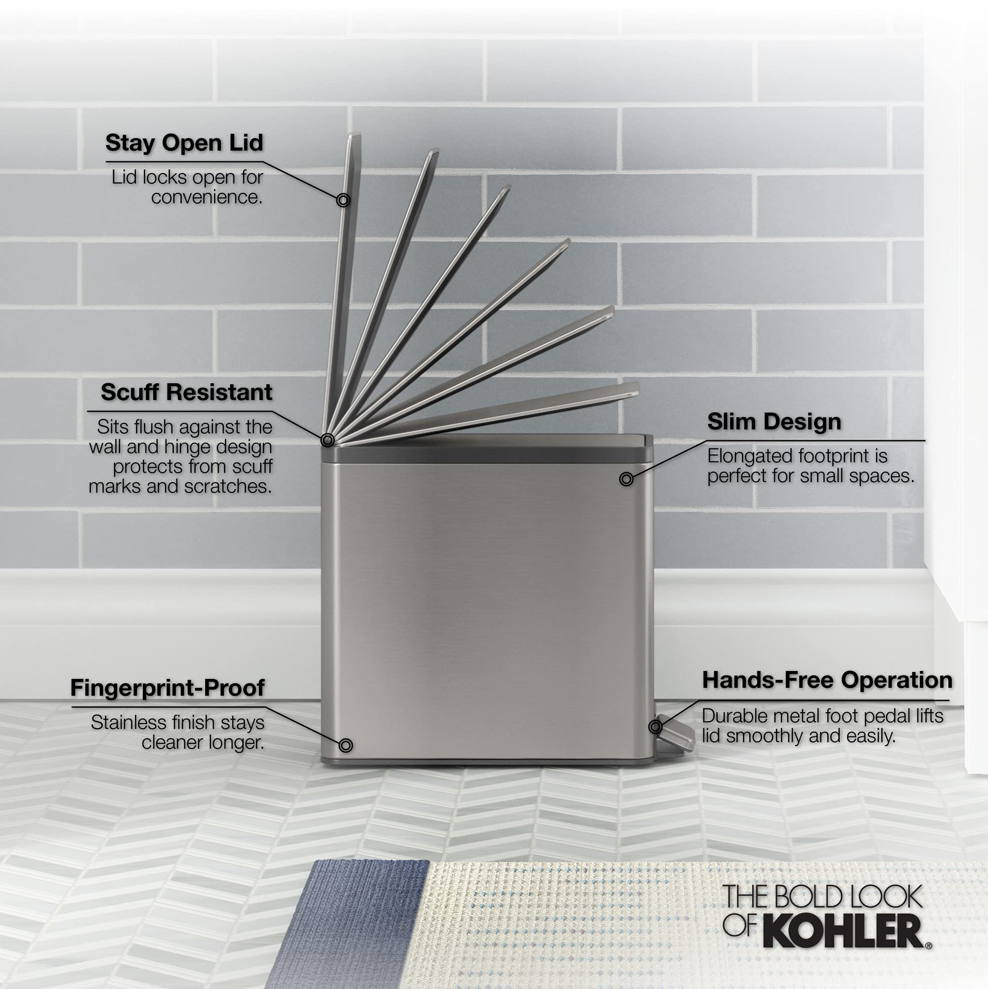 KOHLER 20957-STW 2.5 Gallon Slim Step Trash Can  Bathroom Trash Can with Soft-Close Foot Pedal  White with Stainless Steel