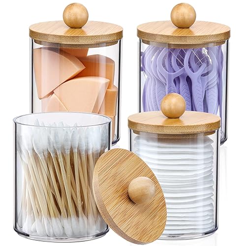 4 Pack Qtip Holder Dispenser with Bamboo Lids - 10 oz Clear Plastic Apothecary Jar Containers for Vanity Makeup Organizer Storage - Bathroom Accessories Set for Cotton Swab  Ball  Pads  Floss