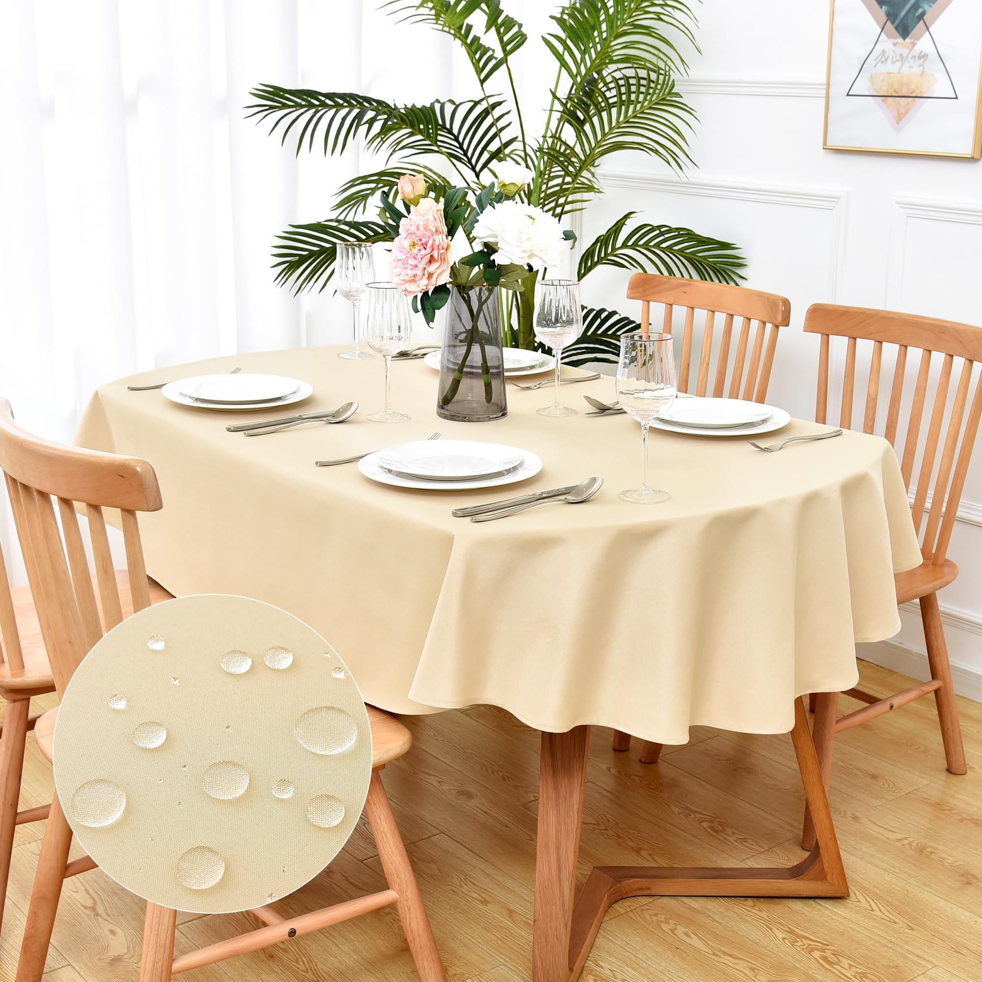 Rustic Faux Linen Oval Tablecloth Farmhouse Water Resistant Beige Table Cloth Washable Table Cover for Home Kitchen Dinning Room