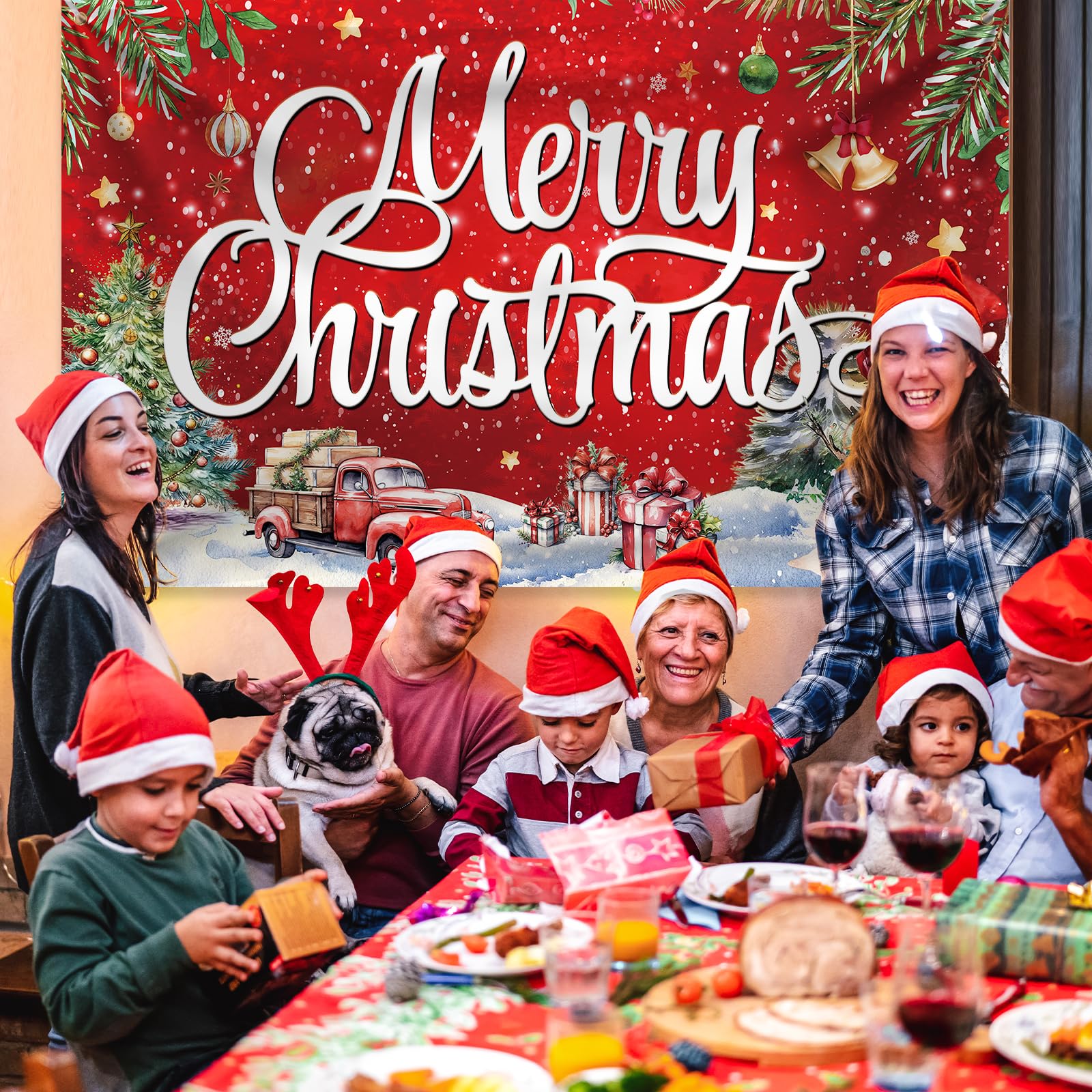 Large Christmas Banner Decorations Red Flag Outdoor 72X44 Inch, Merry For Indoor Home House Decor Party Supplies, Yard Sign Back
