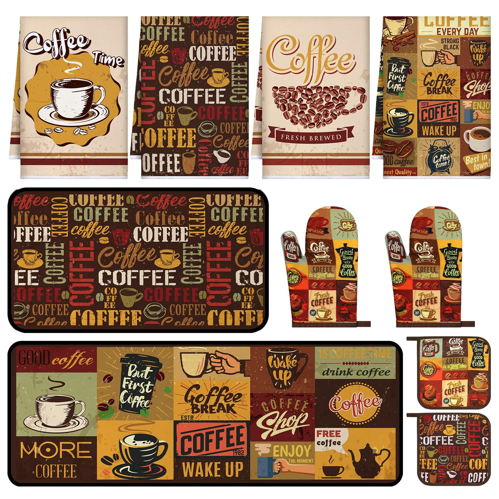 Fourluoo 10 Pcs Coffee Kitchen Decor and Accessories Coffee Oven Mitts and Pot Holders Set Dish Towels Farmhouse Kitchen Decor R