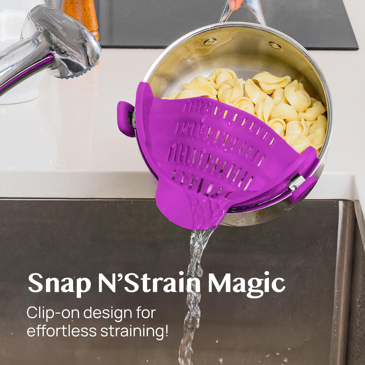 Kitchen Gizmo Snap N Strain Pot Strainer - Large Purple Silicone Colander, Model 2SYX