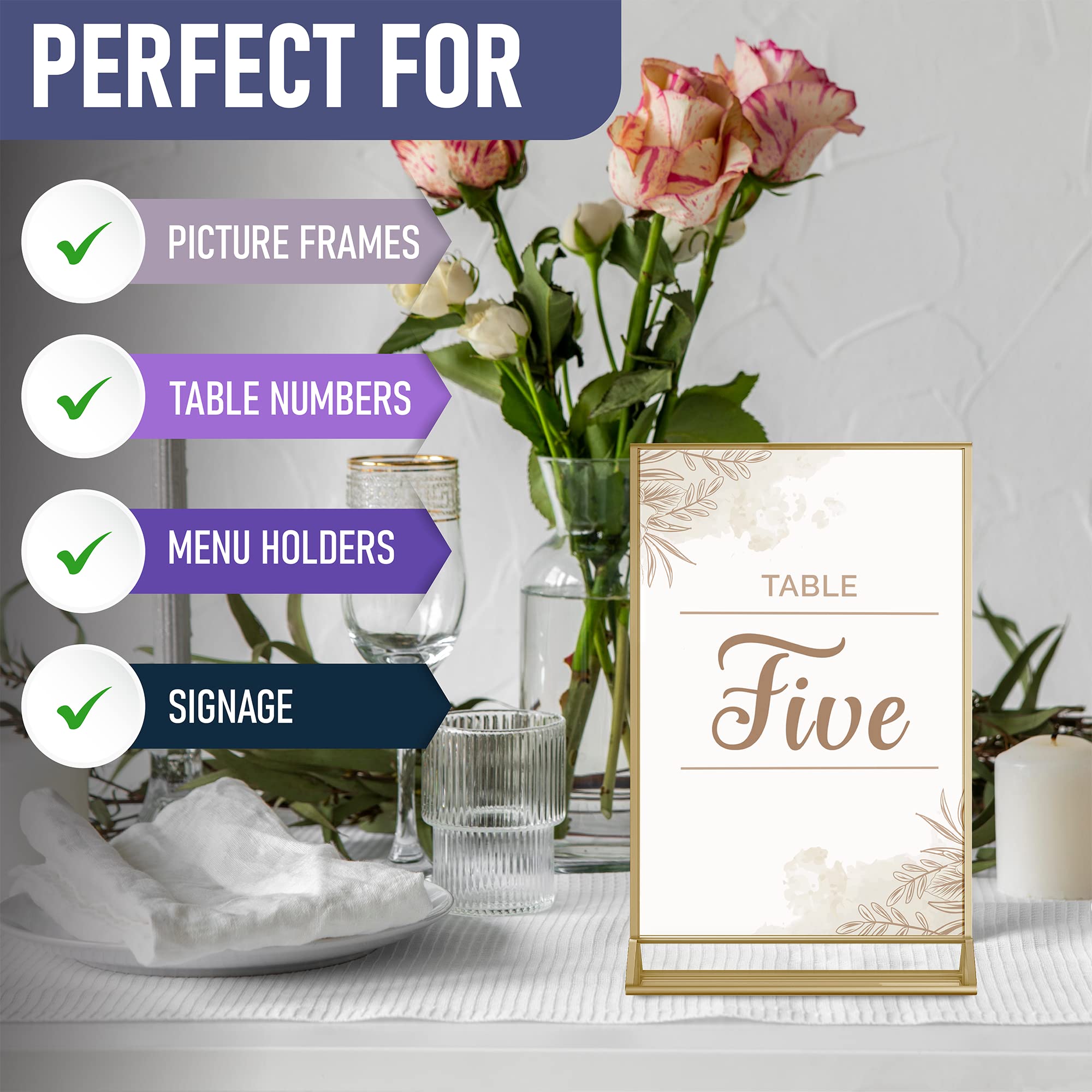 Gold Picture Frames Double Sided - 6 Pack - 8.5x11 Acrylic Gold Table Number Holders  Clear Easel Table Stands for Signs  Gold Frames for Wedding Table Numbers  Menu Holder  Photo Frame