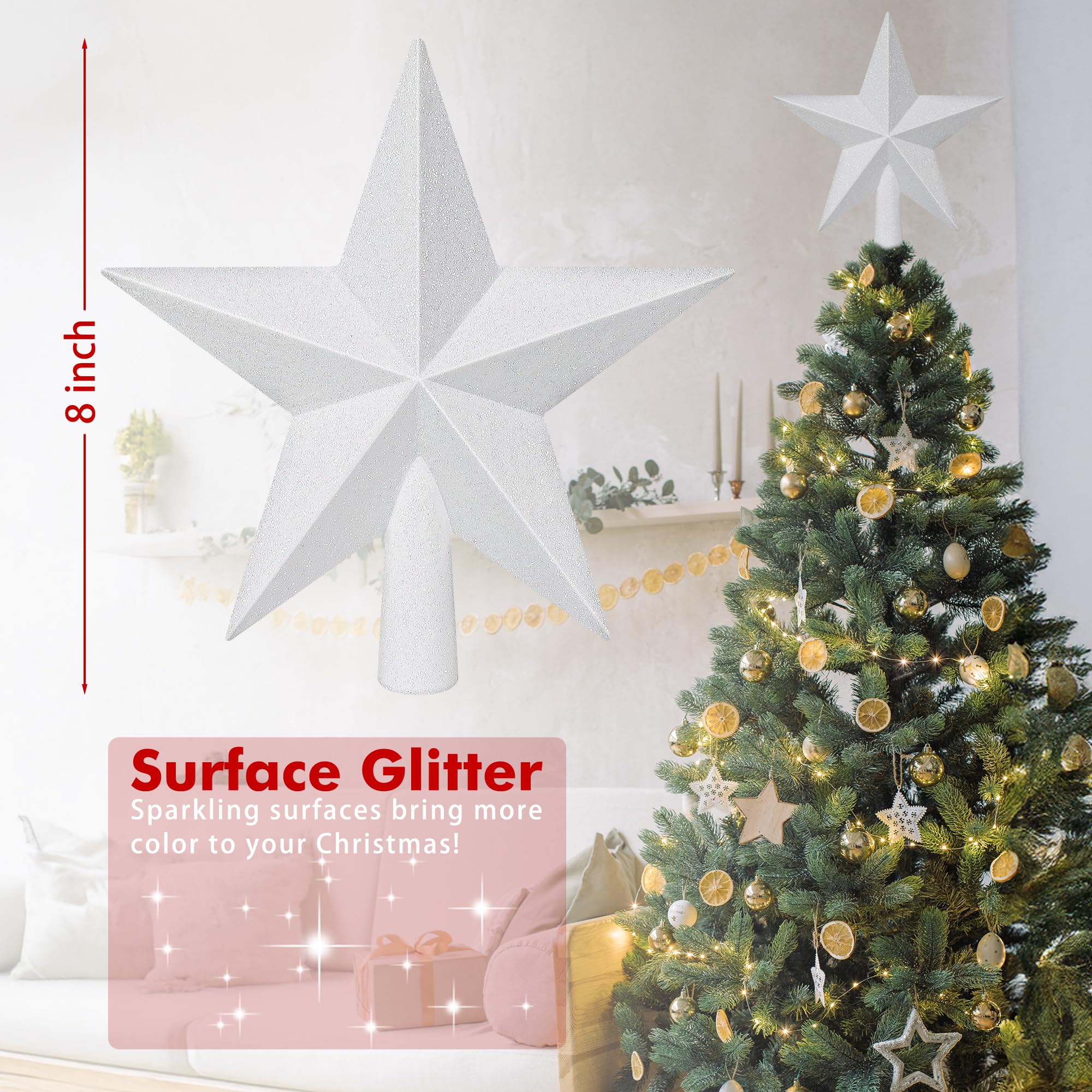 Star Tree Topper, 8 White Christmas Tee Topper Decorations, Glitter 3D Xmas Bethlehem Star Waterproof Shatter-Proof, Christmas T