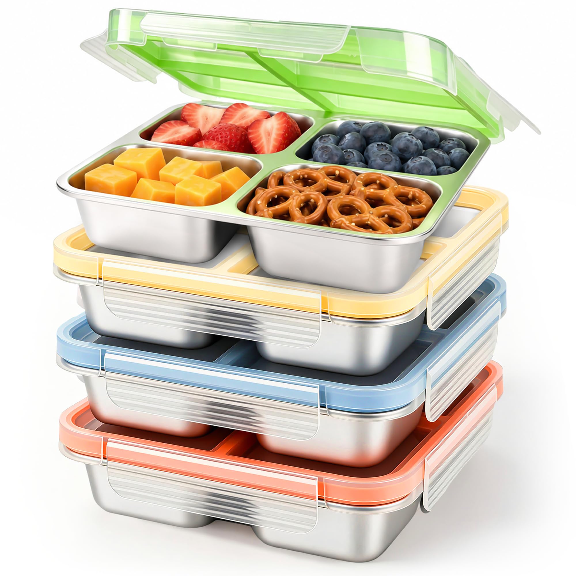 monoan 24 oz Stainless Steel Snack Containers, 4Compartment, 4 Pack