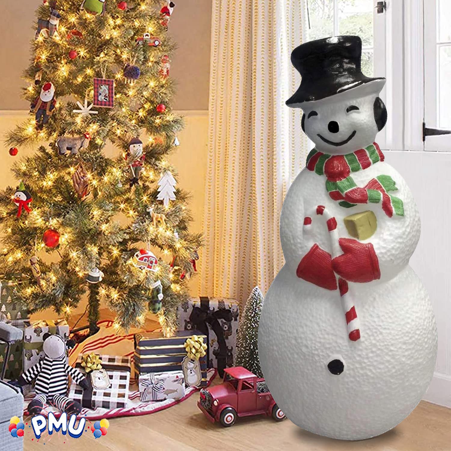PMU Christmas Light-Up Snowman - Large Blow Mold Plastic Statue Illuminated with 6  Cord and Light - Perfect Decor for Christmas