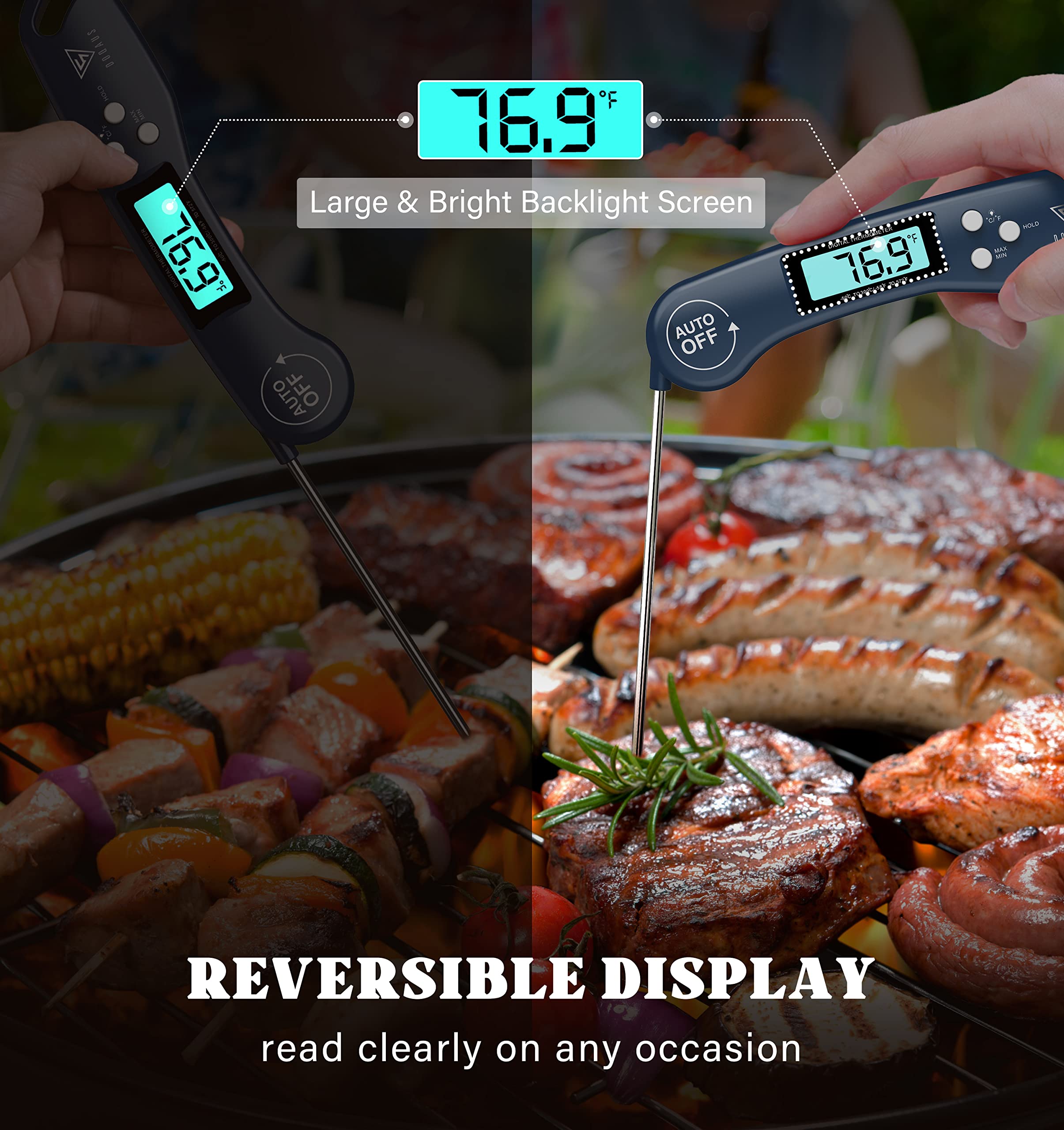 Doqaus Digital Meat Thermometer, Instant Read Food Thermometers For Cooking, Kitchen Probe With Backlit & Reversible Display, Wi