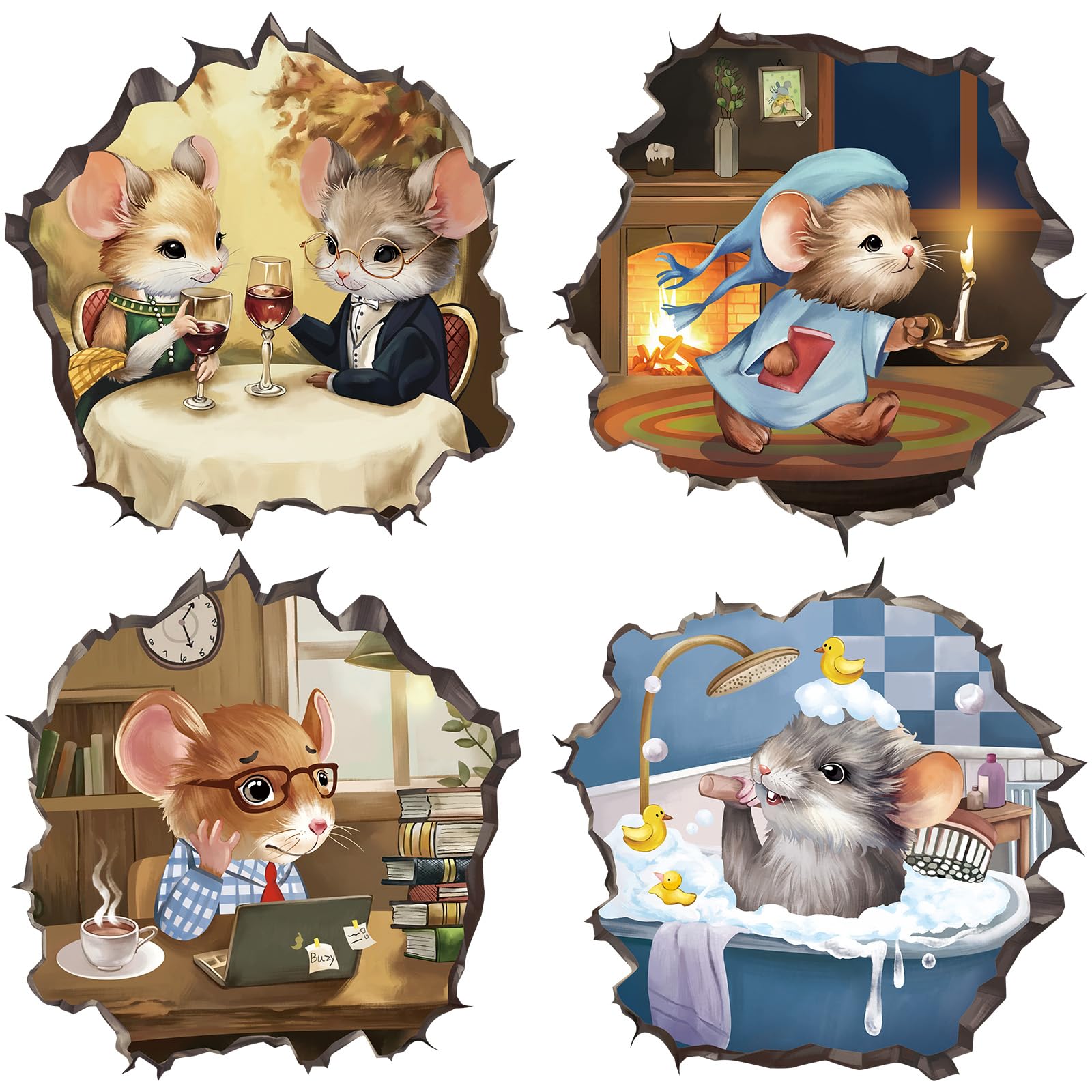 fufuquare Cartoon Mouse in Mouse Hole Wall Decals 5.9inch 4 Pack, Fun Whimsical Mice Life Wall Stickers for Decor Skirting Board