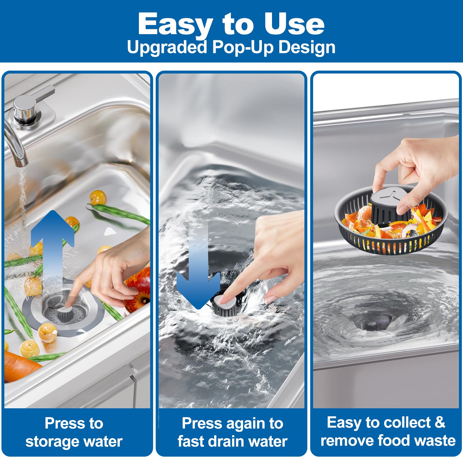 Auspok Upgraded 3 In 1 Kitchen Sink Drain Strainer Set, 304 Stainless Steel Sink Stopper, Silicone Anti-Clogging Catcher Basket,