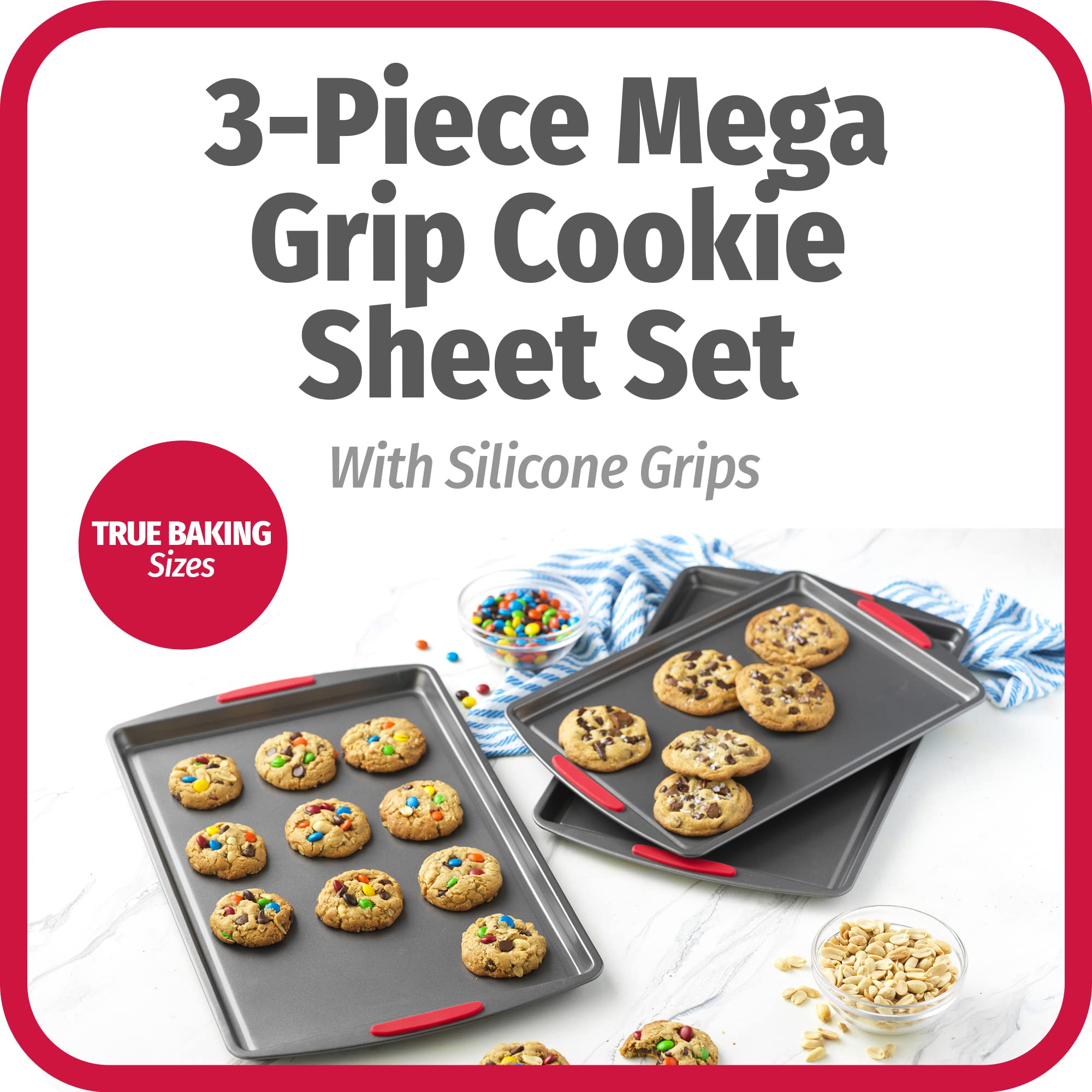 GoodCook Nonstick Steel Cookie Sheet Set, 3-Piece Assorted, Gray with Silicone Grip Handles, Model 04551