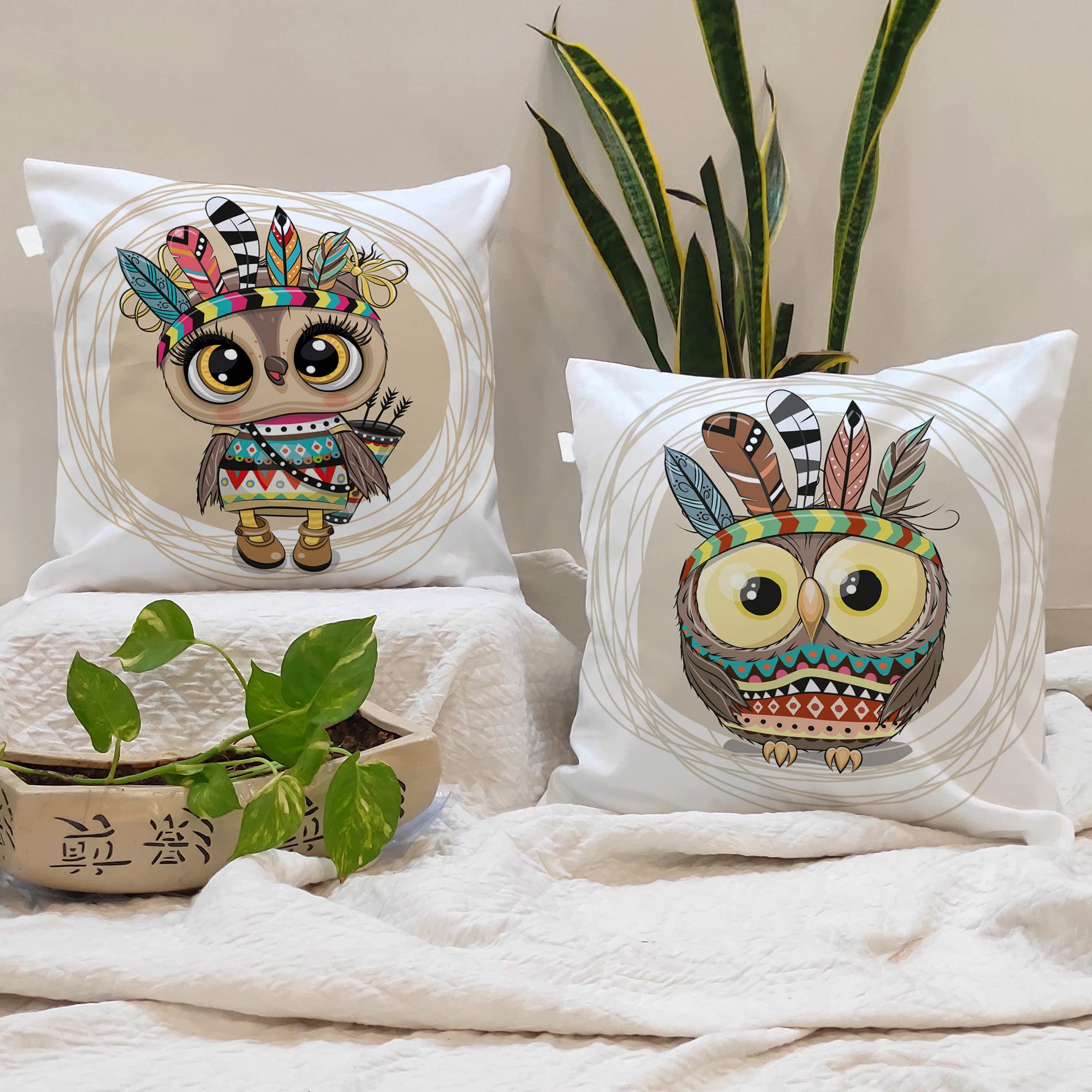 Amazon Brand - Umi Ancient Owl Printed Polycotton Cushion Cover, Set Of 2 (24 X 24 Inches / 60 X 60 Cm)