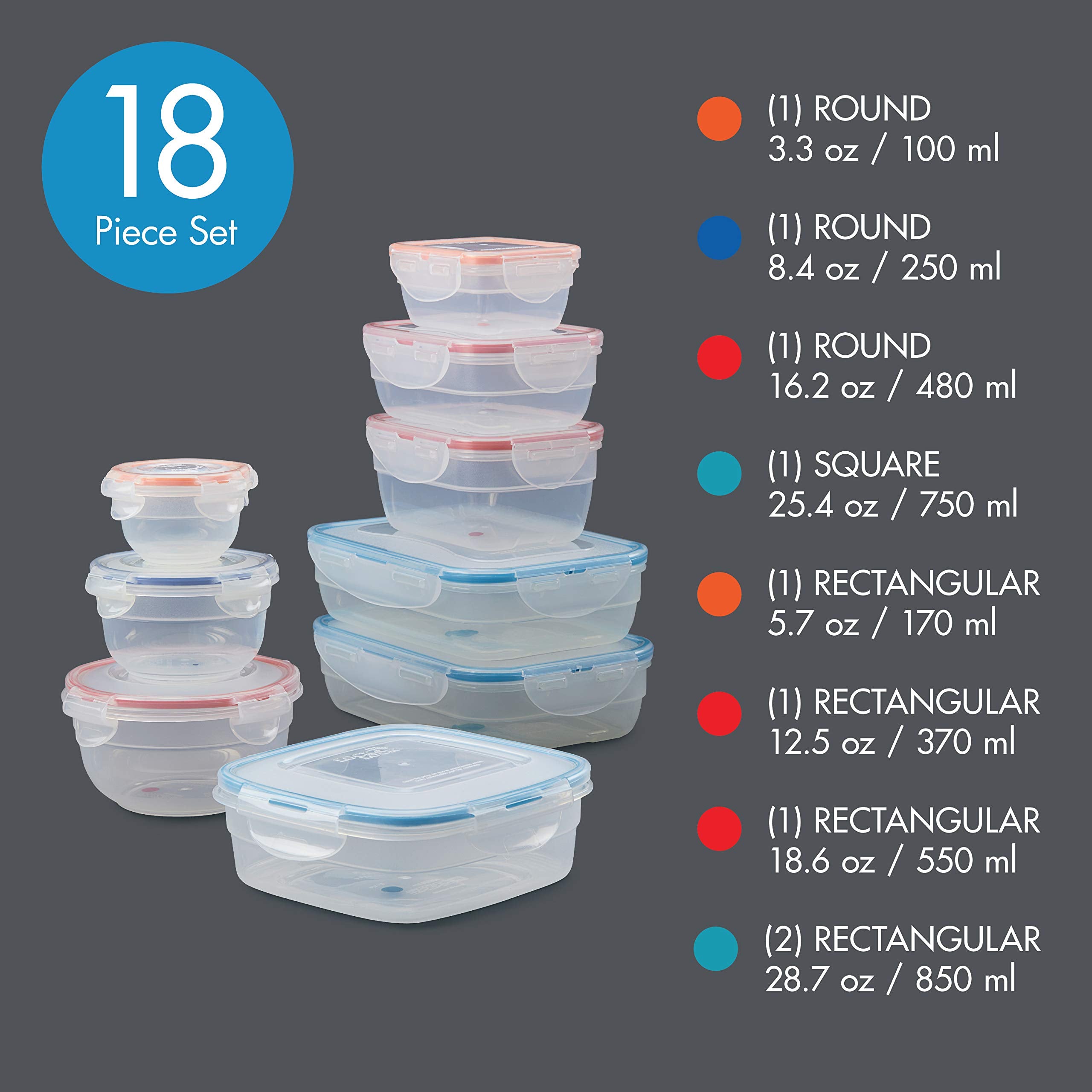Lock & Lock Easy Essentials Color Mates Food Storage Lids/Airtight Containers, Bpa Free, 18 Piece, Clear