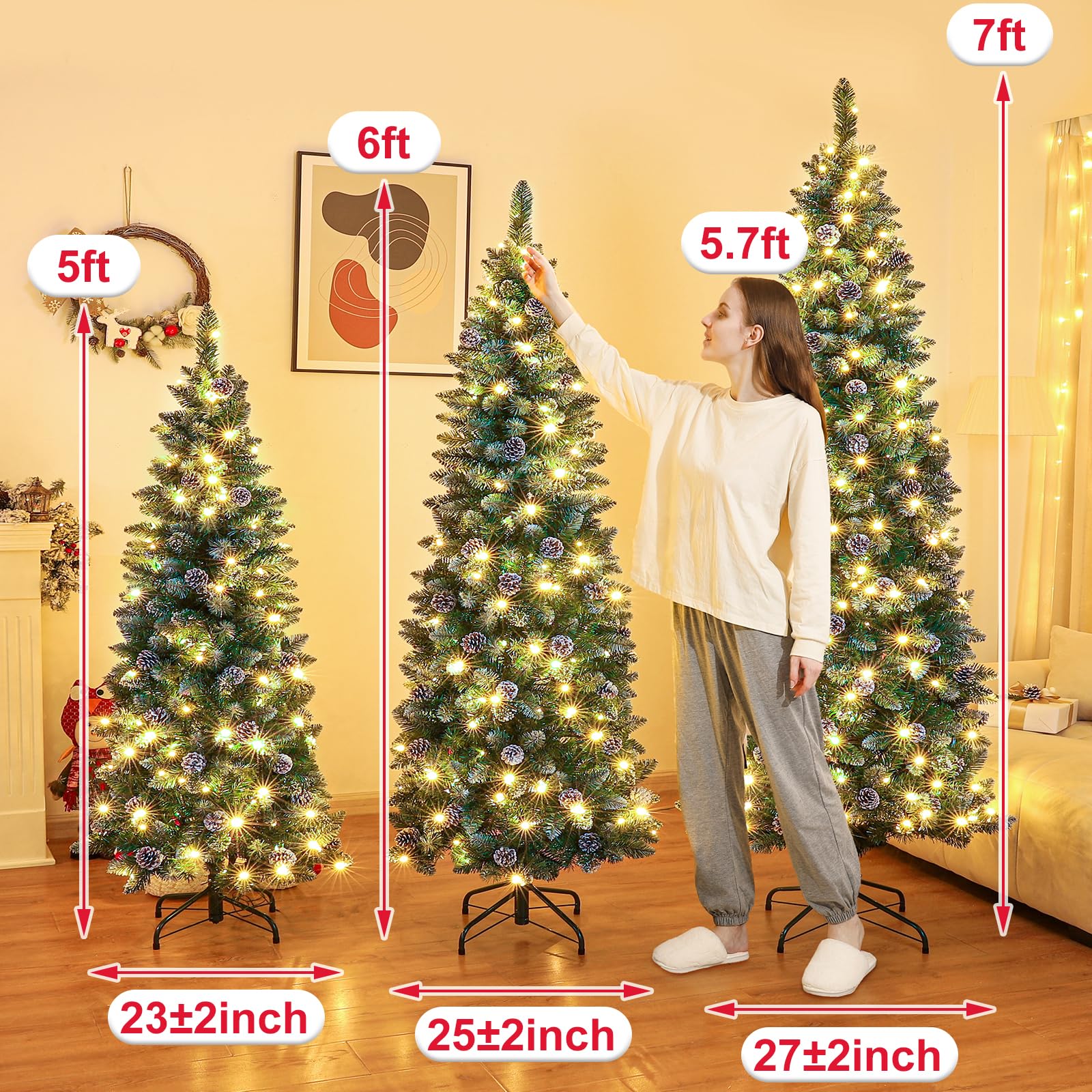 Homde Pencil Christmas Tree 7 Foot Pre-Lit Artificial Christmas Tree with Flocked Snow Pine Cone 210 Warm White Light Holiday De