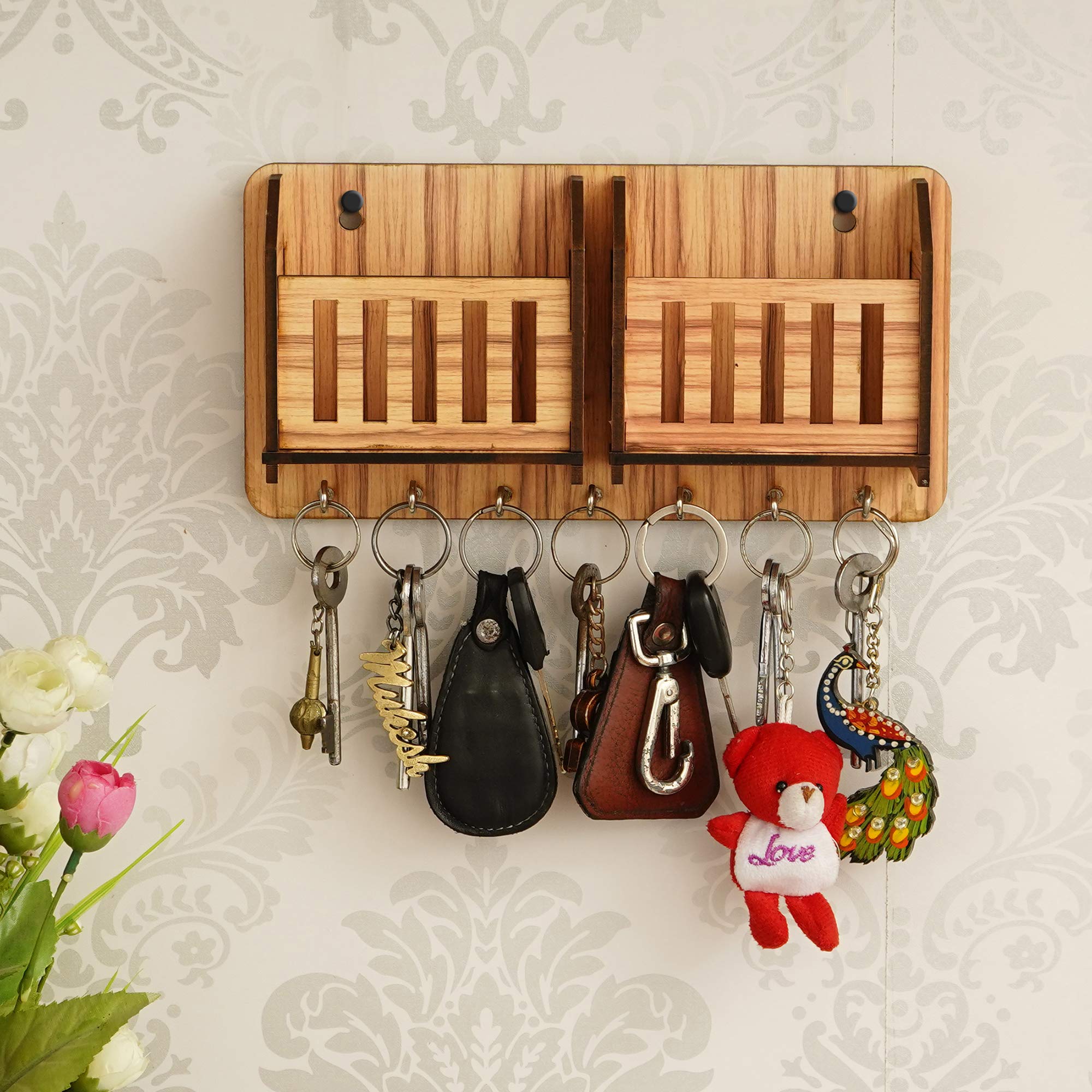eCraftIndia Brown Wooden Mobile and Key Holder for Wall with 7 Key Hooks Wall Key Holder for Home Decor Office Key Organizer G