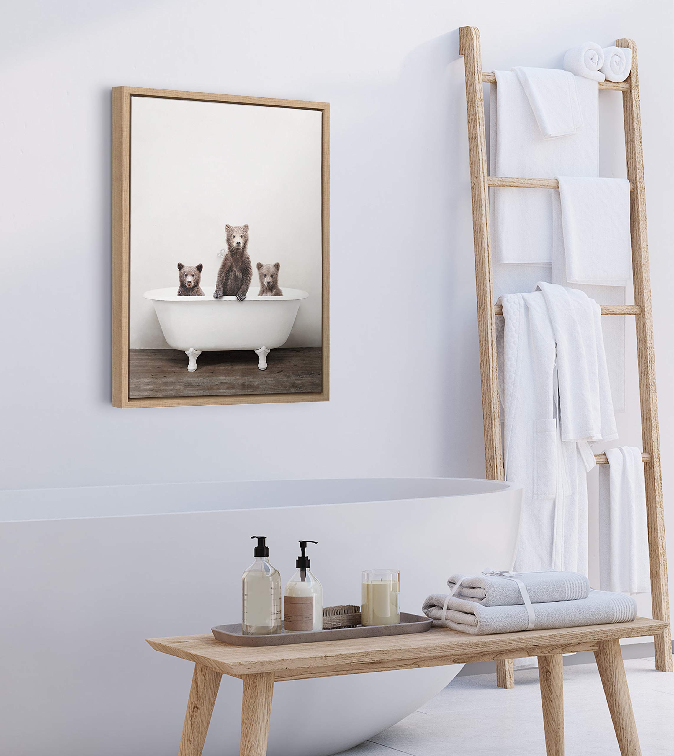 Kate and Laurel Sylvie Three Little Bears in Vintage Bathtub Framed Canvas Wall Art by Amy Peterson  18x24 Natural  Adorable Animal Art for Wall