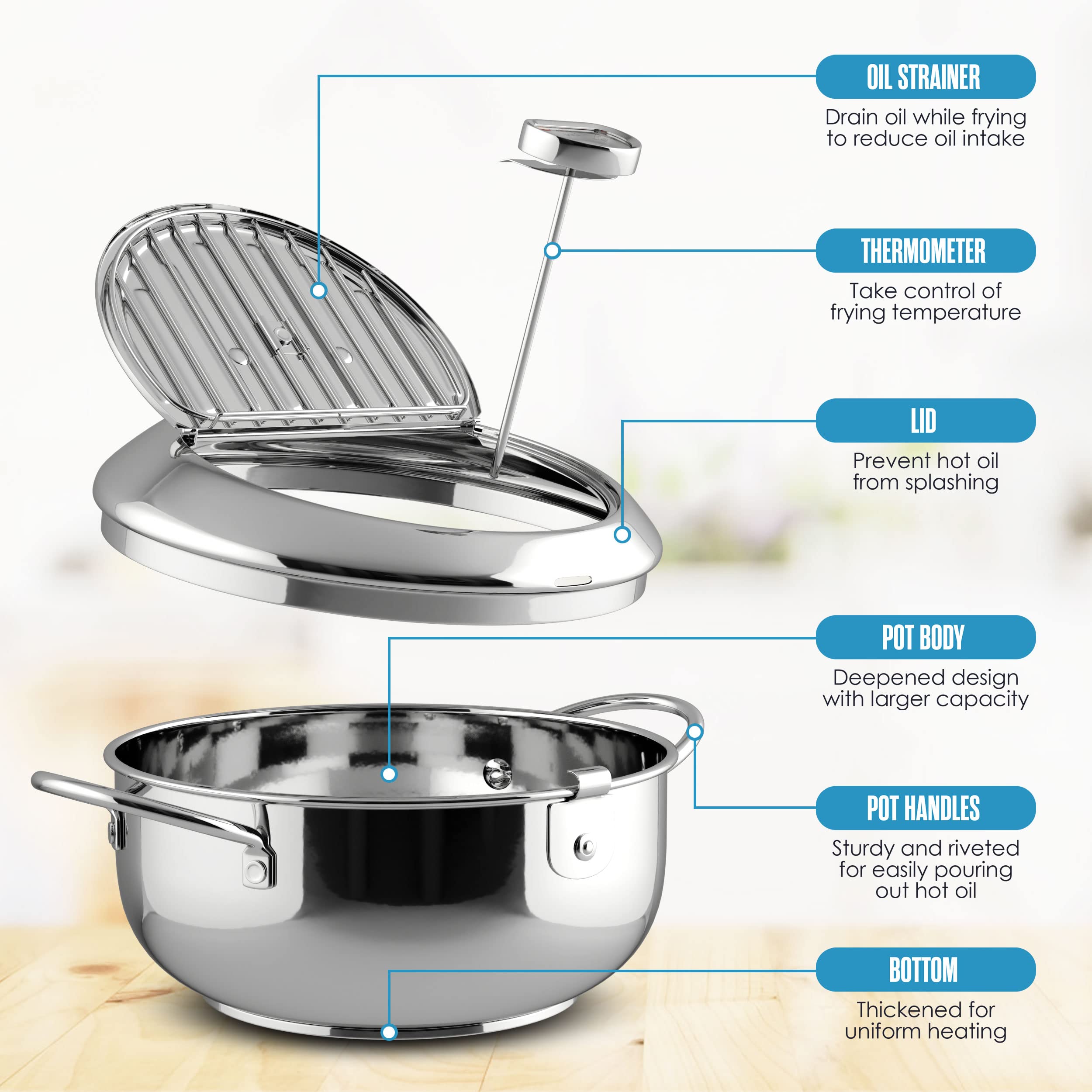 Deep Fryer Pot, Tempura Deep Frying Pot, Stove Top, 9    X 5.5   , 114 Oz (3.6 Qt), 304 Stainless Steel, Flat Bottom W/Lid & Tem