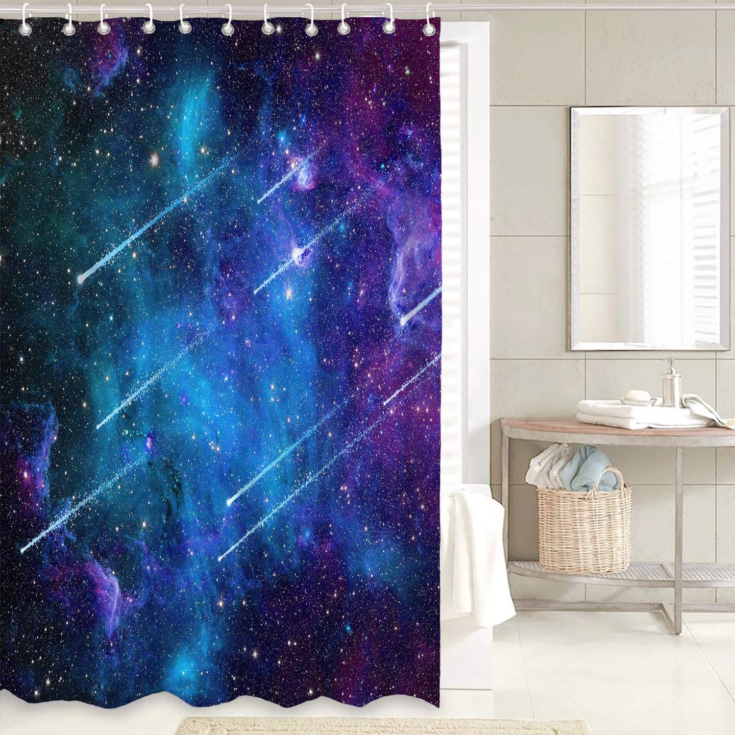 Griekowe 4 Pcs Universe Outer Space Meteor Theme Shower Curtain Sets, Starry Galaxy With Non-Slip Rugs Toilet Lid Cover Bath Mat
