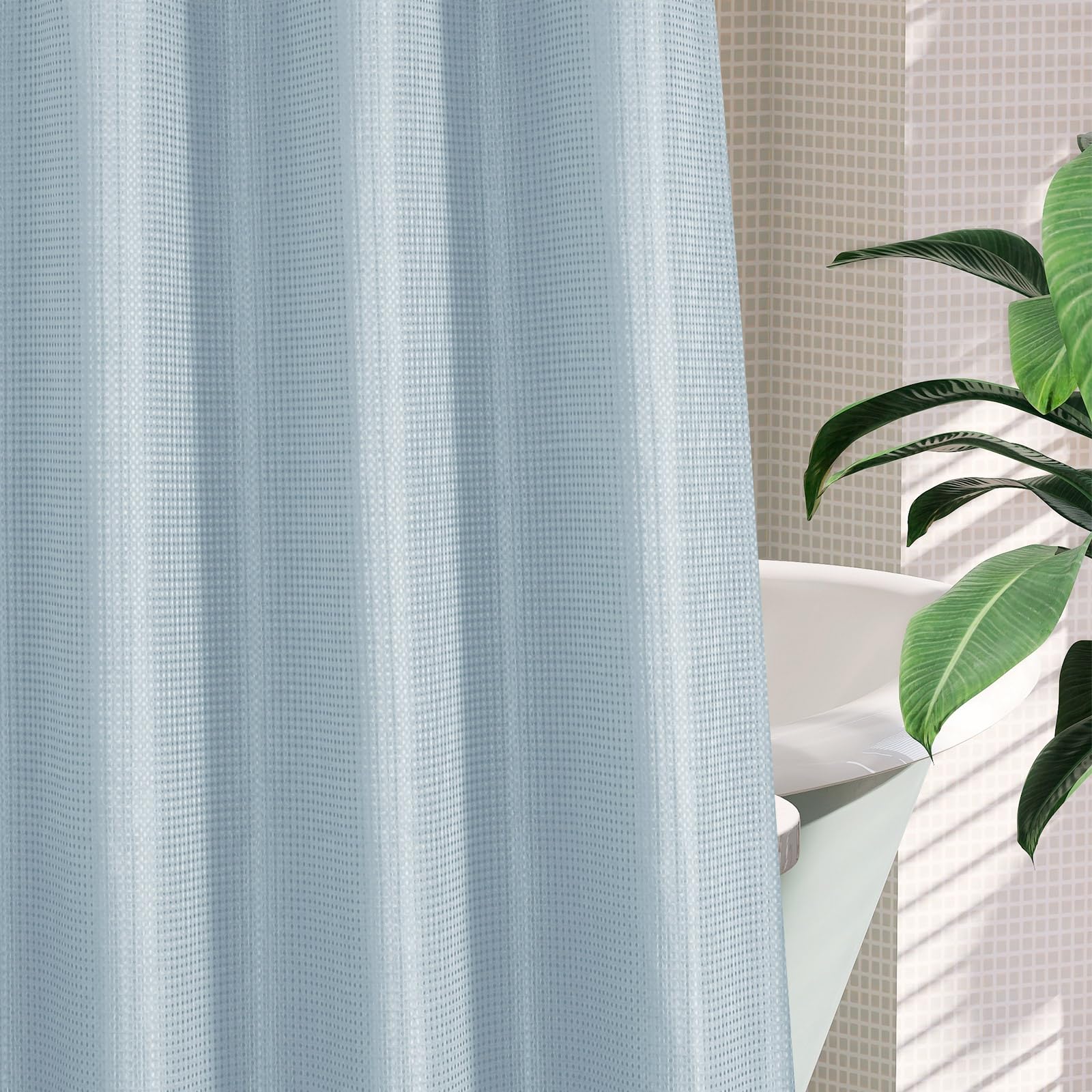 Mitovilla No Hooks Needed Blue Waffle Shower Curtain With Snap-In Liner, Modern Waffle Weave Heavy Duty Fabric Cloth Shower Curt