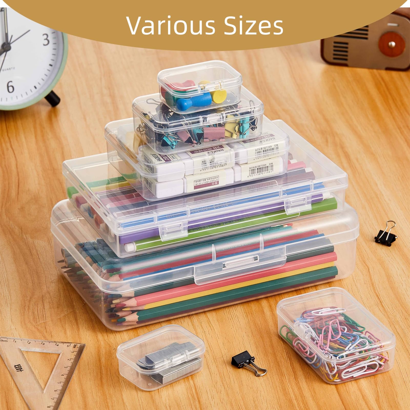 Goodma 42 Pieces Mixed Sizes Rectangular Empty Mini Clear Plastic Organizer Storage Box Containers with Hinged Lids for Small It
