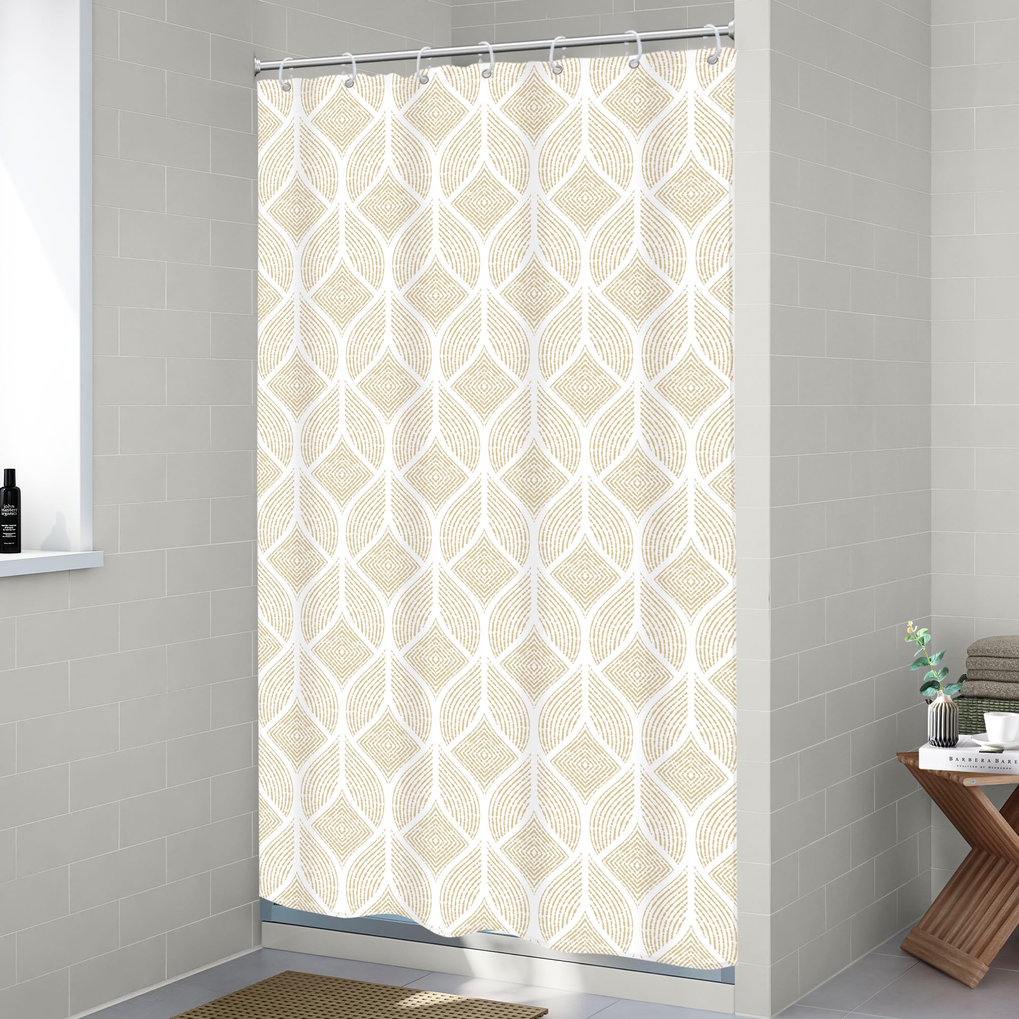 Riyidecor Small Stall Rv Beige White Shower Curtain Narrow Boho Abstract Modern Geometric Minimalist Single Half 36Wx72H Inch Si