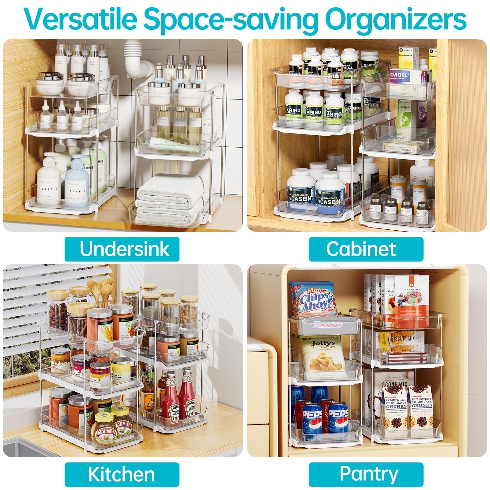 Delamu 2 Sets Of 3-Tier Bathroom Under Sink Organizers And Storage, Multi-Purpose Stackable Pantry Organization And Storage, Pul