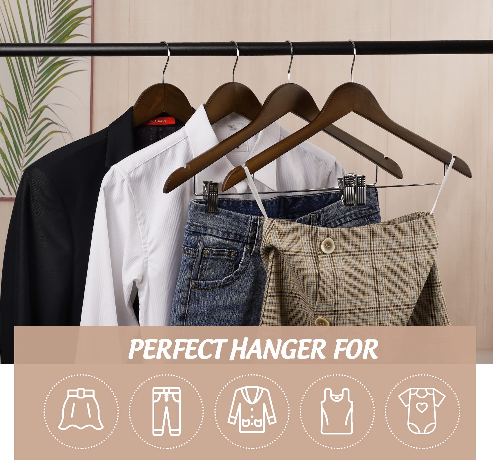 Wooden Clothes Hangers With Clips, 16Pack Wood Skirt Hangers With Clips, High-Grade Selected Walnut Wood Hangers With Sturdy Met