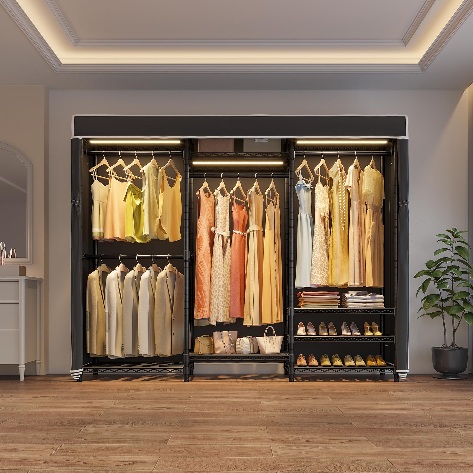 Vipek V5L Garment Rack Heavy Duty Covered Clothes Rack With Dimmable Led Lights, 3000K Warm White, Portable Closet Wardrobe Free