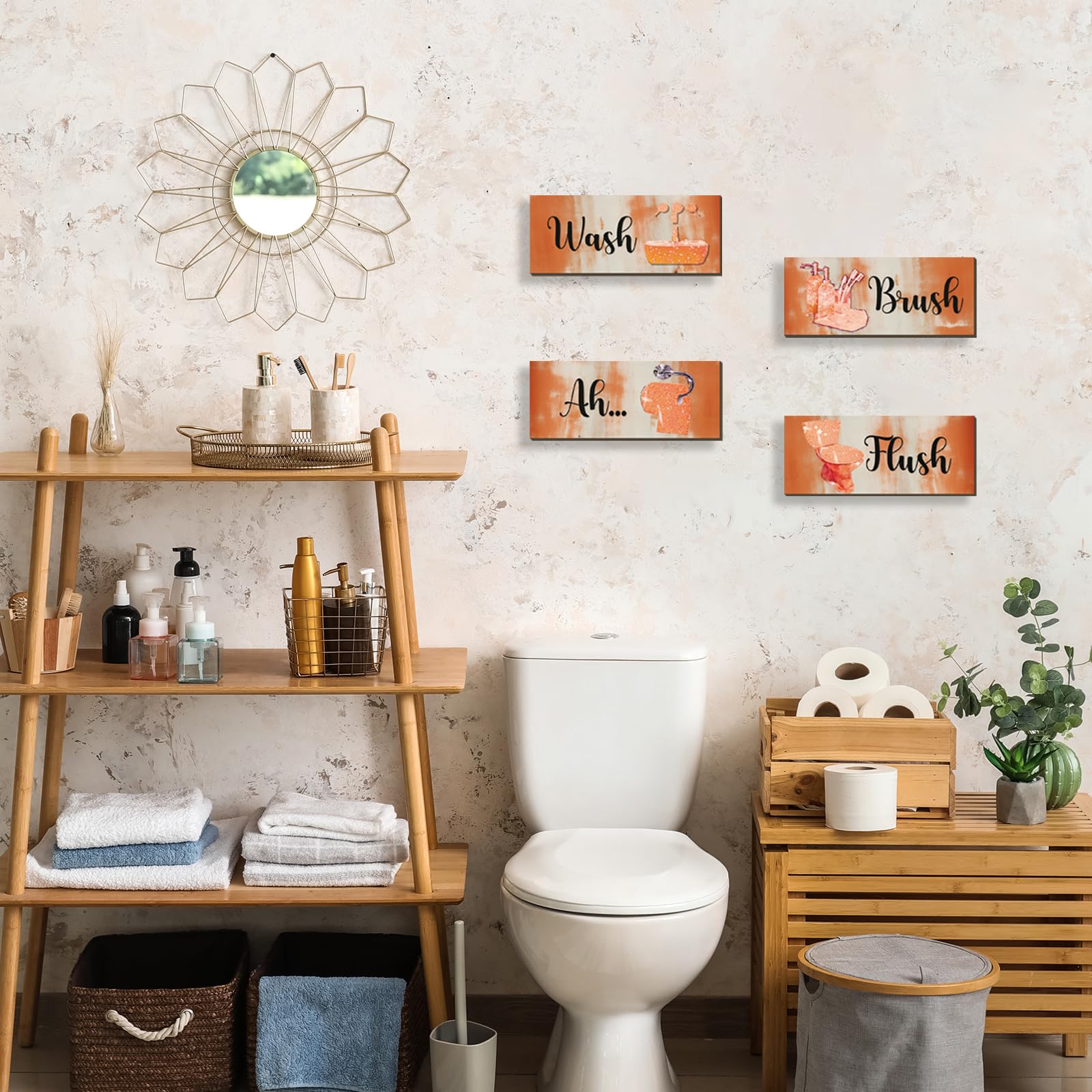 FENCORDAR 4 Pcs Orange Bathroom Decor Abstract Orange Black Bathroom Decor Wooden Modern Funny Glitter for Home Toilet(10x4 Inch