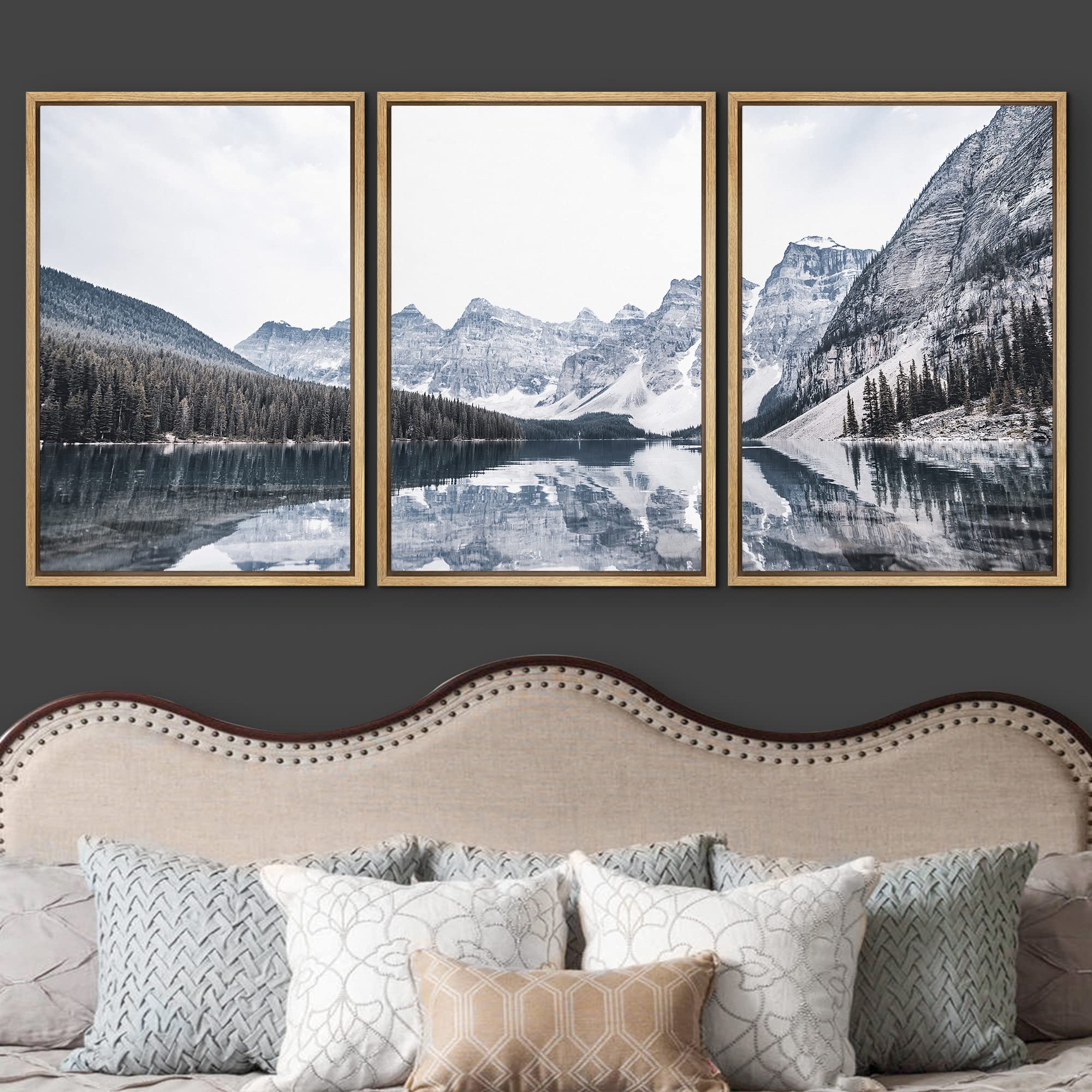 Wall26 Framed Canvas Wall Art Print Set Snowy Winter Mountain And Lake Landscape Nature Wilderness Photography Modern Rustic Col