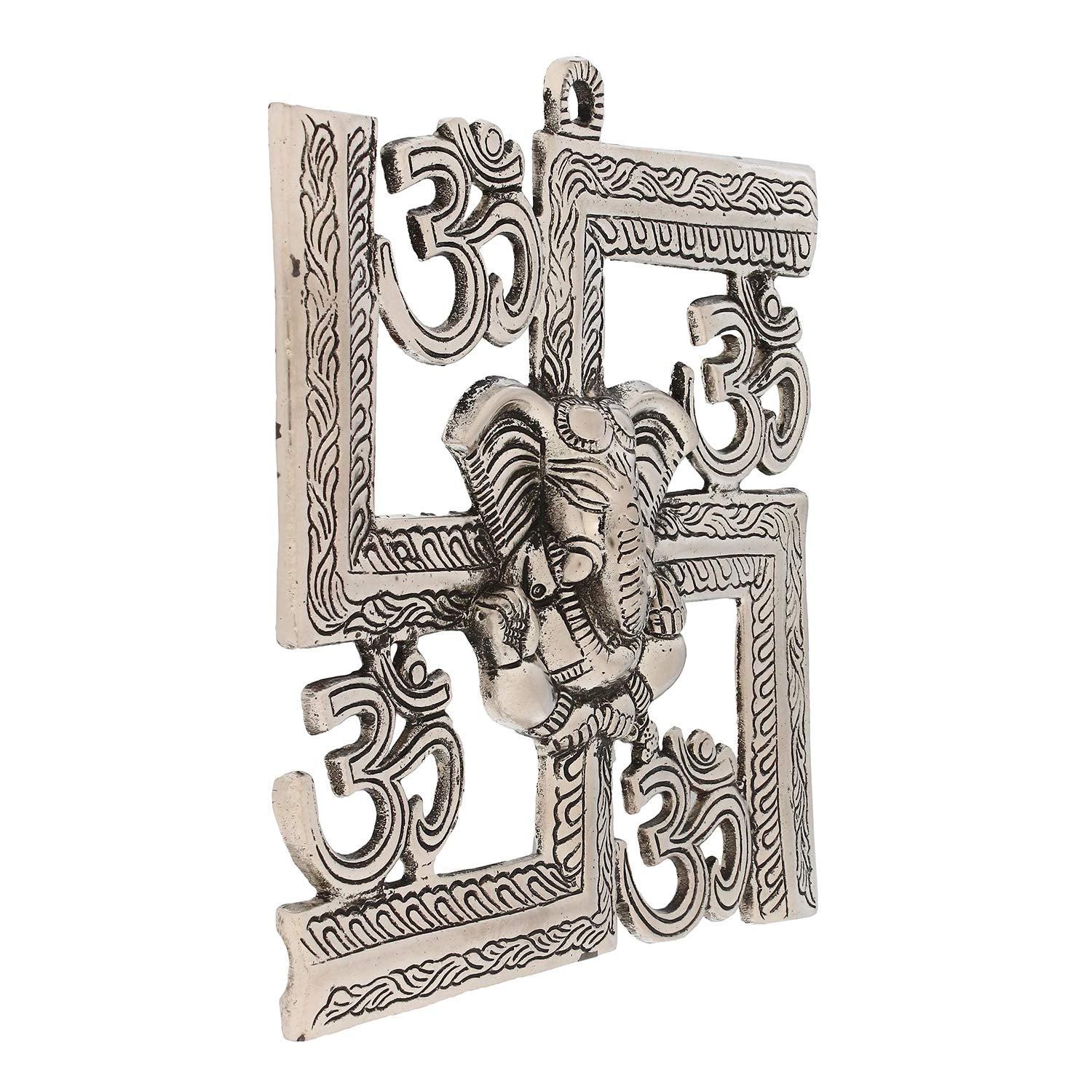 Ecraftindia Lord Ganesha On Om Swastik Metal Silver Wall Hanging