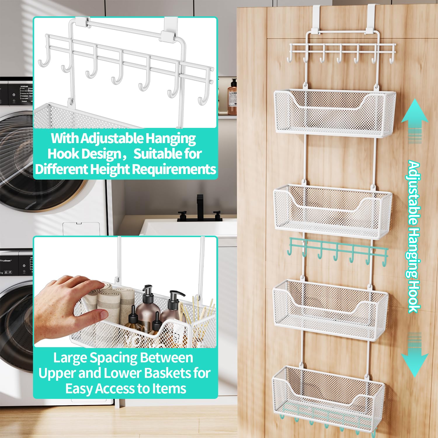 Hapirm Over Door Organizer Storage - Hanging Door Organizer With 4 Metal Large Capacity Baskets And Adjustable Coat Hook, Behind