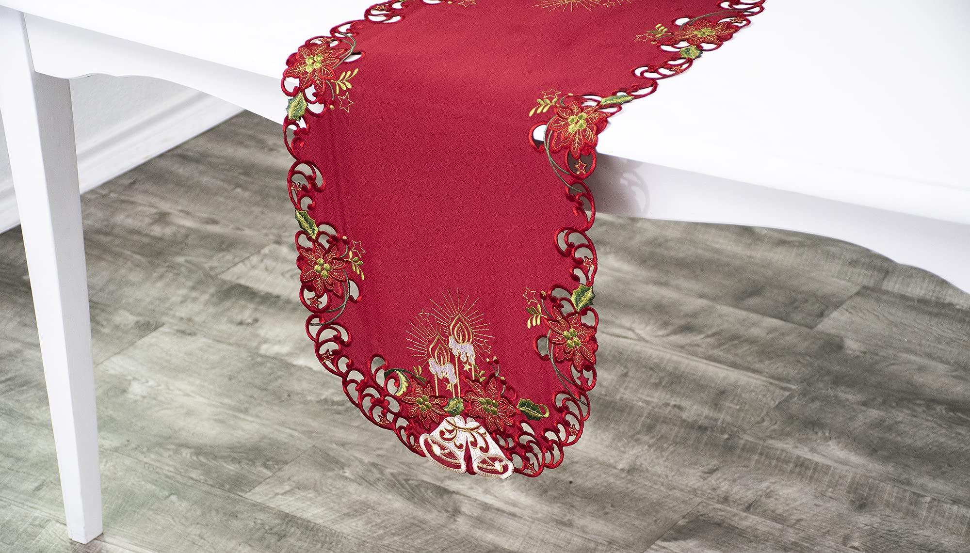 Embroidered Elegant White Bells Christmas Candle Gold Thread Green Leaves Holiday Table Runner  Dresser Scarf (14Wx35L)