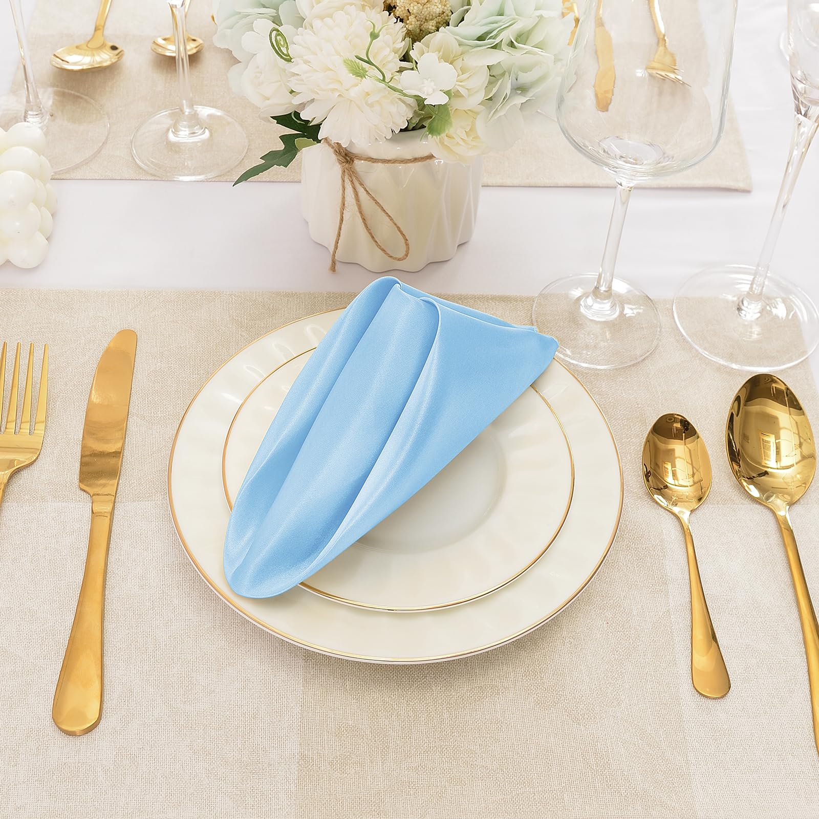 Eychei 50 Pieces Light Blue Satin Napkins, 17'' X 17'' Square Table Napkins, Silky Soft Smooth Washable Napkins For Restaurant,