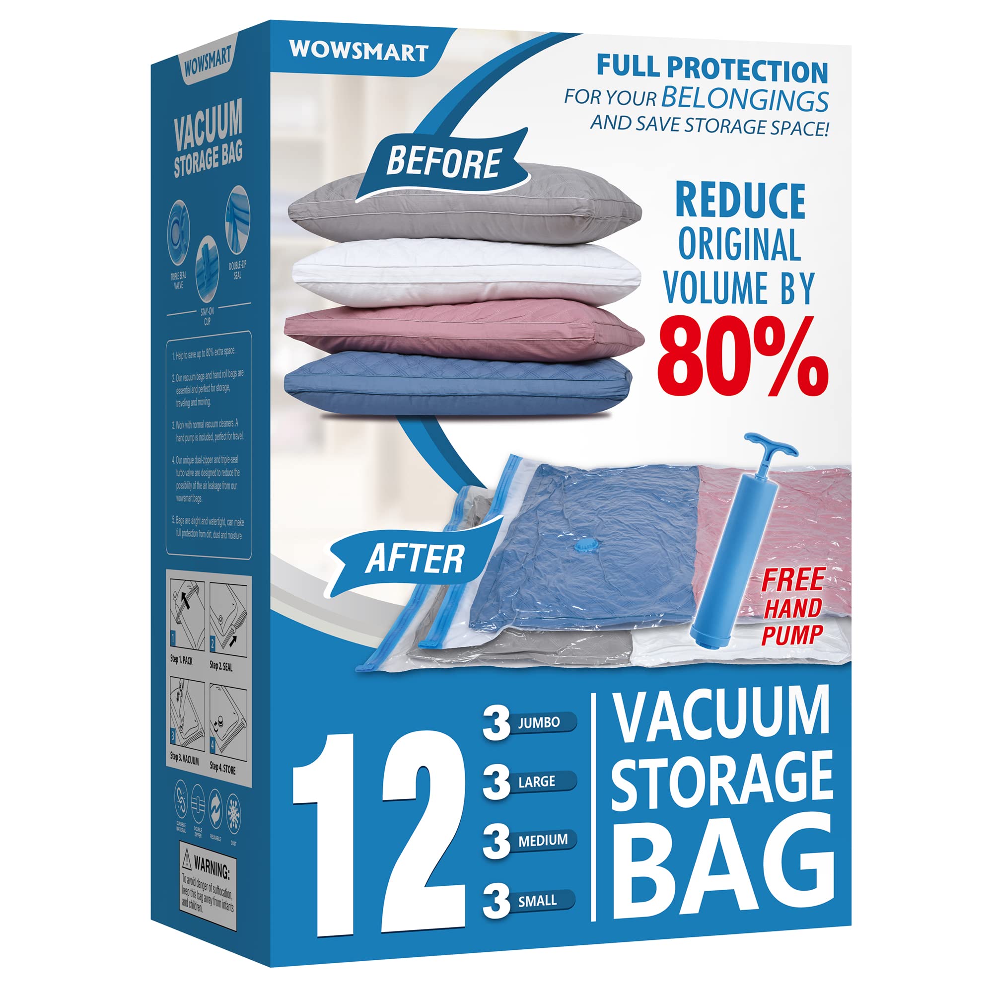 12 Space Saver Vacuum Storage Bags, Vacuum Sealed Storage Bags (3 Jumbo/3 Large/3 Medium/3 Small) With Hand Pump, Vacuum Seal Ba