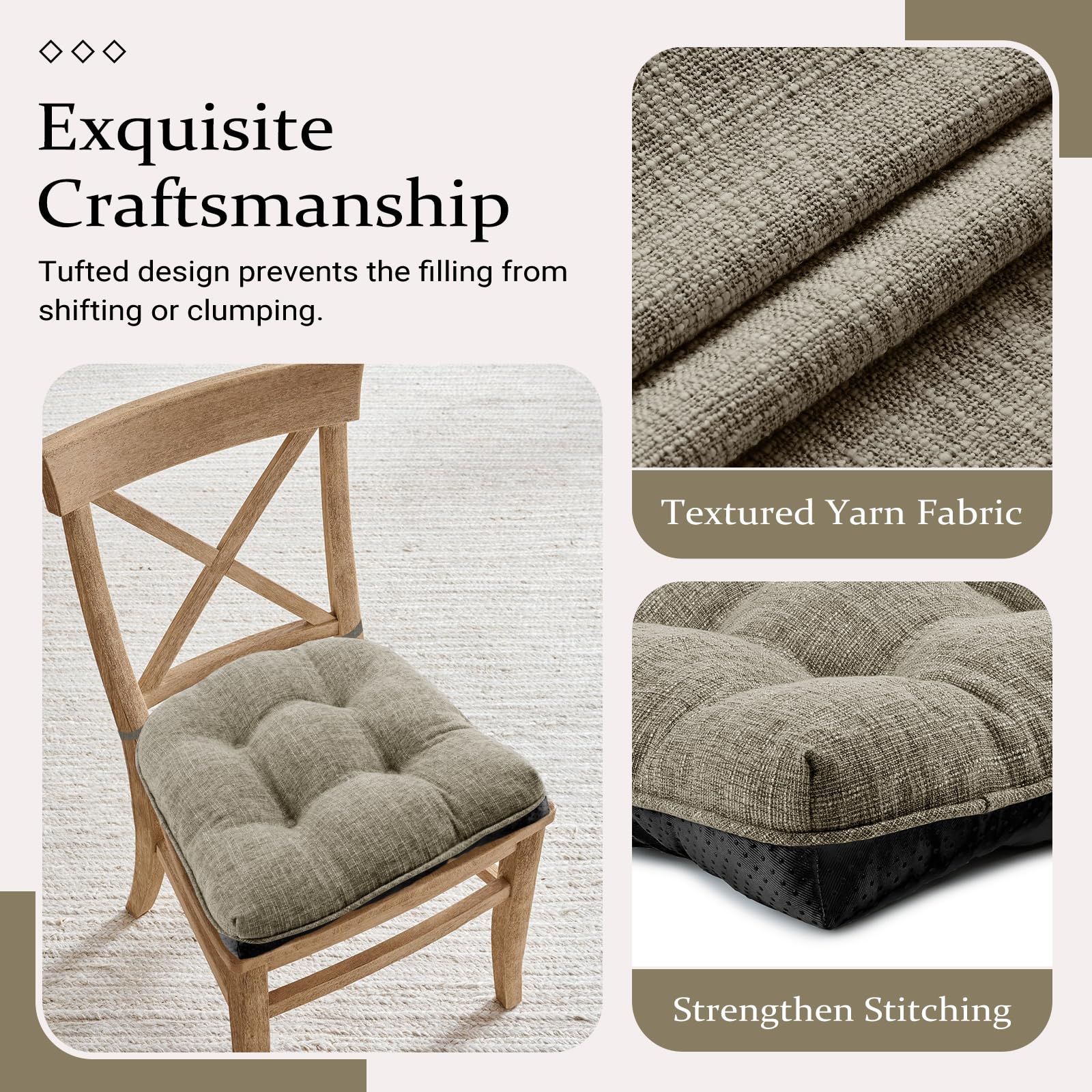 Wellsin Chair Cushions For Dining Chairs, Non-Slip Kitchen Chair Pads With Ties, Tufted Shredded Memory Foam Kitchen Chair Cushi