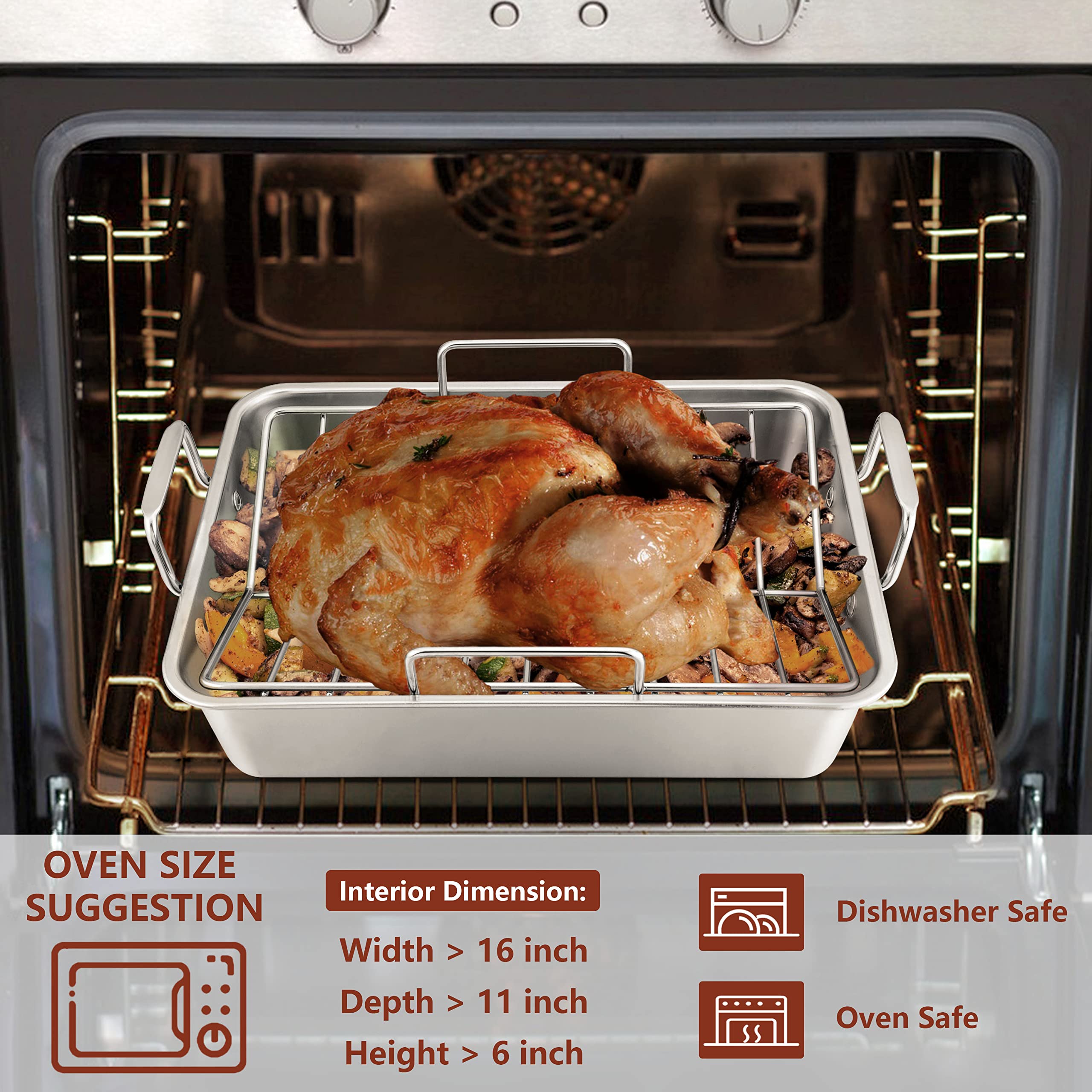 Lianyu 14 Inch Roasting Pan With Rack, Stainless Steel Turkey Roaster Pan With V-Shaped Rack And Baking Rack, Heavy Duty Roaster
