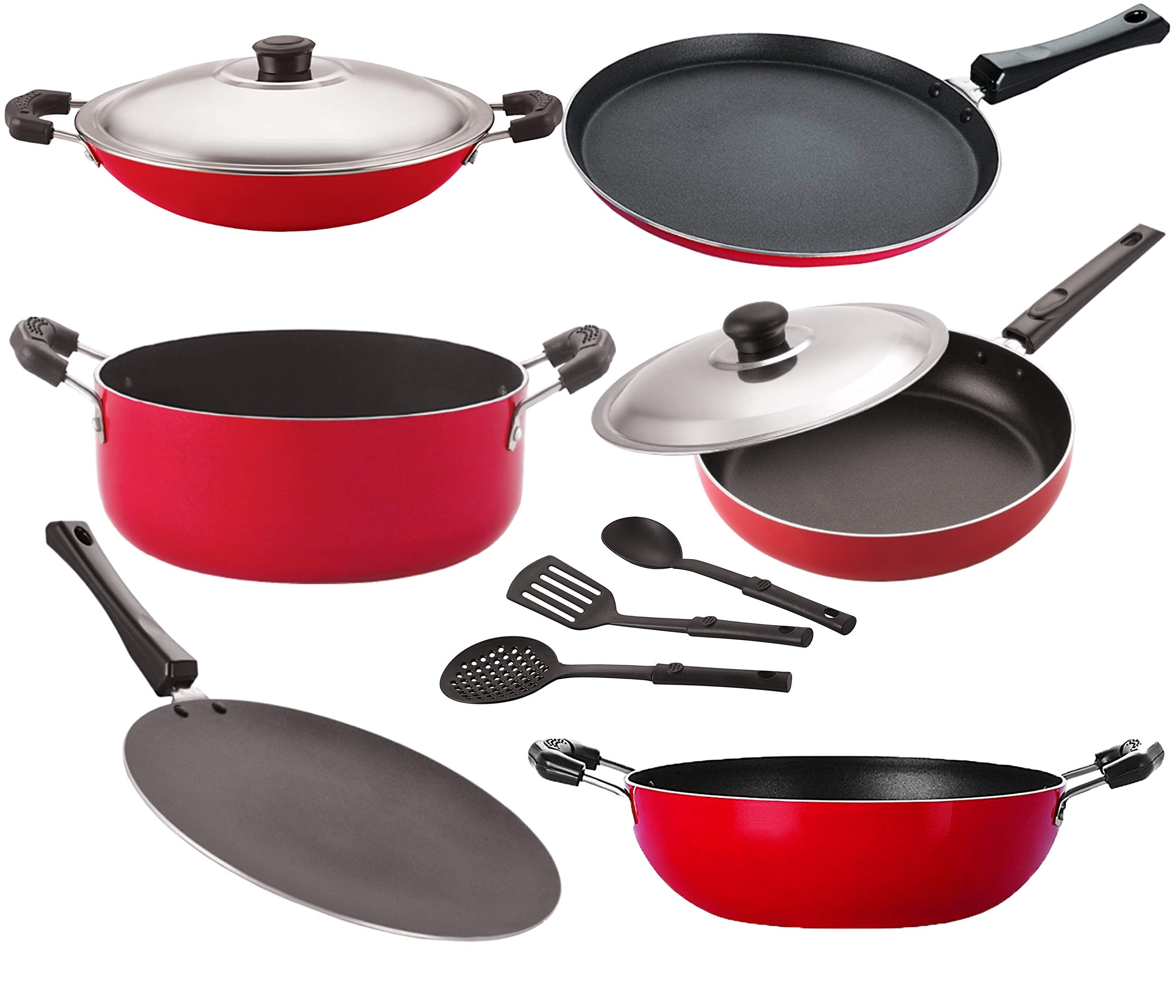 Nirlon Kitchenware Aluminium Cookware 3 Layer NonStick Coating Combo Set Of 9 Pieces |26_Ct_Kd14_Ch_Ft11_Cass20_Fp12_3Spn