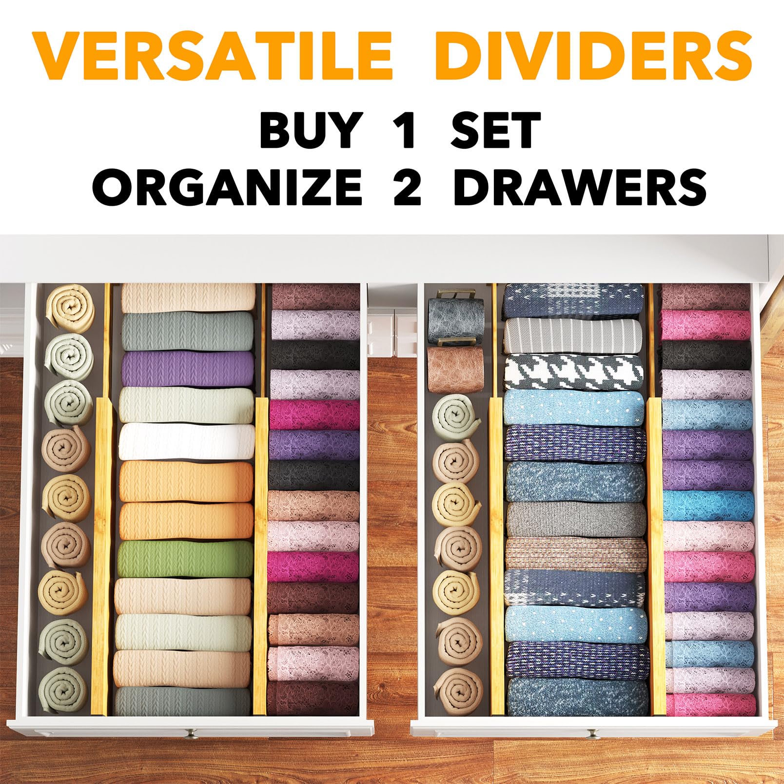 SpaceAid Bamboo 4 Pack Dresser Drawer Dividers, 4.65 High Adjustable 17-22    Drawer Organizers, Expandable Organization for Clo