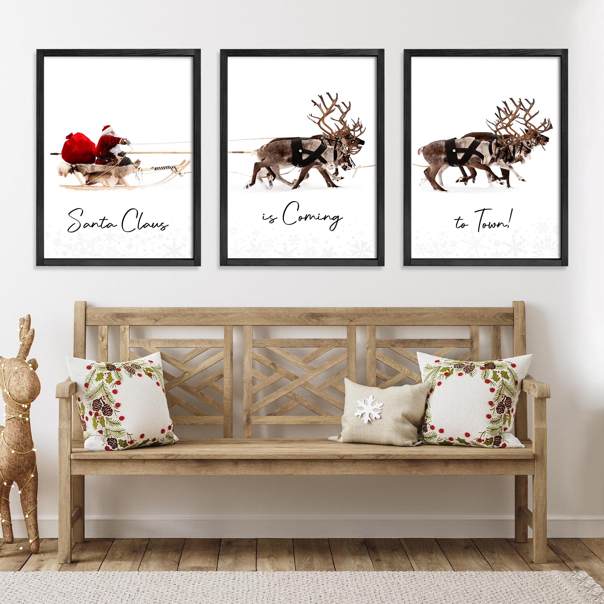 Litivy Christmas Wall Art Prints - Set Of 3 Santa Claus With Sleigh Deer For Home Decor - Xmas Sign - 12X16In - Black