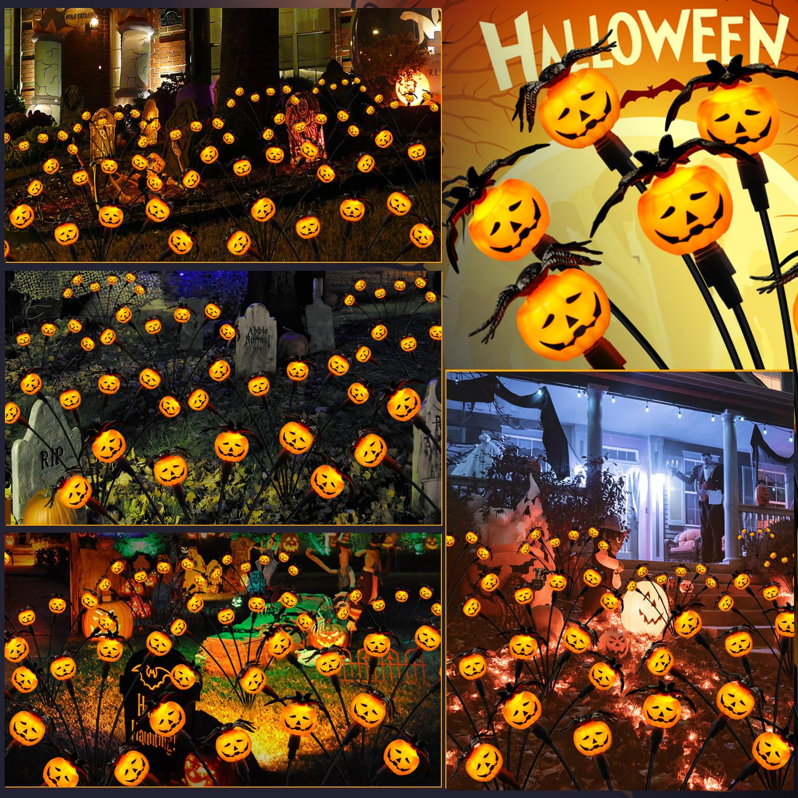 Weepong Halloween Decorations Outdoor 2 Pack Solar Lights, 12 LED Scary Pumpkin Swaying Firefly Lights with Spider & Bats for Ou