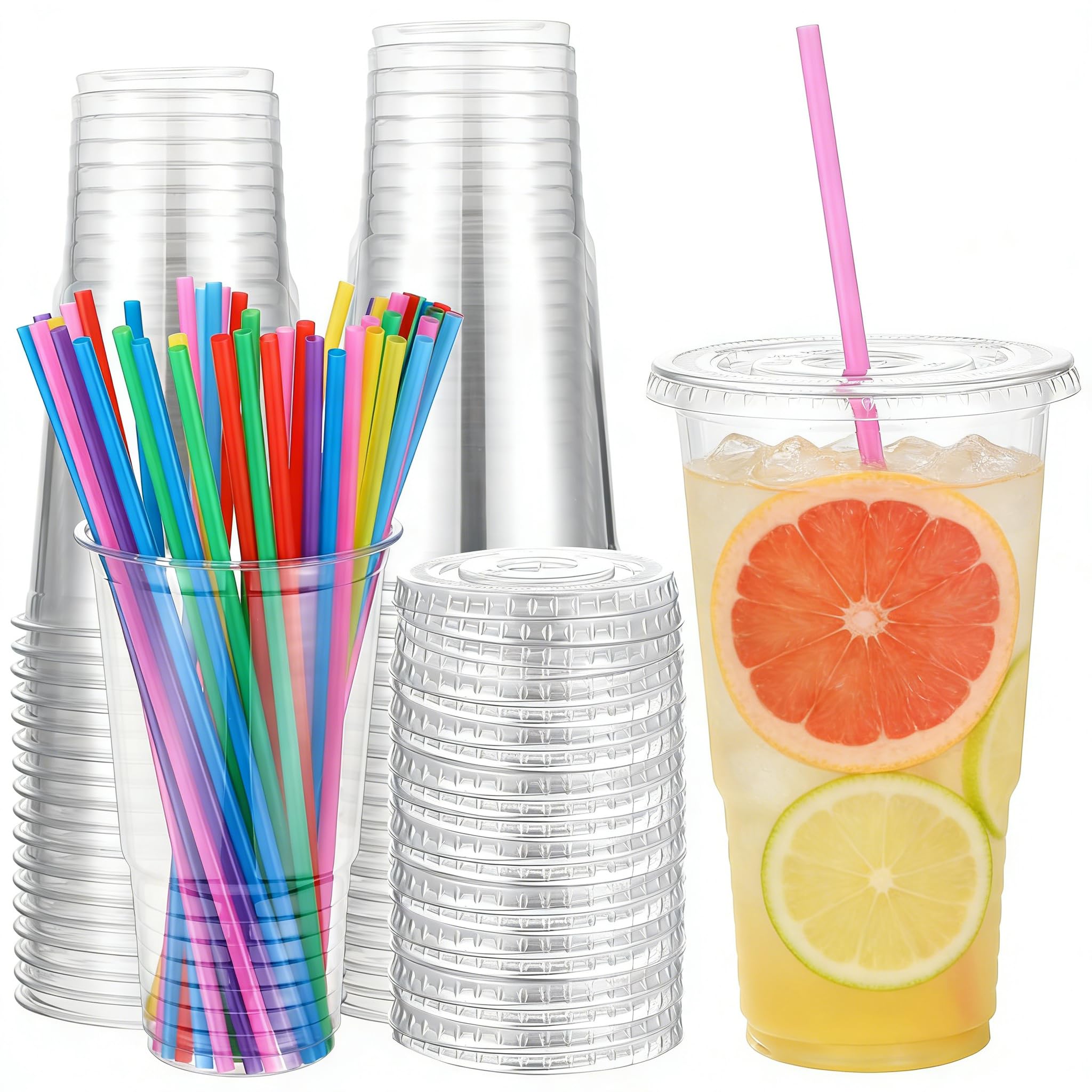 Ziliny 50sets 32 oz Clear Plastic Cups with Lids and Straws Disposable Clear Thickened Pet Plastic Drinking Cups for Cold Drinks