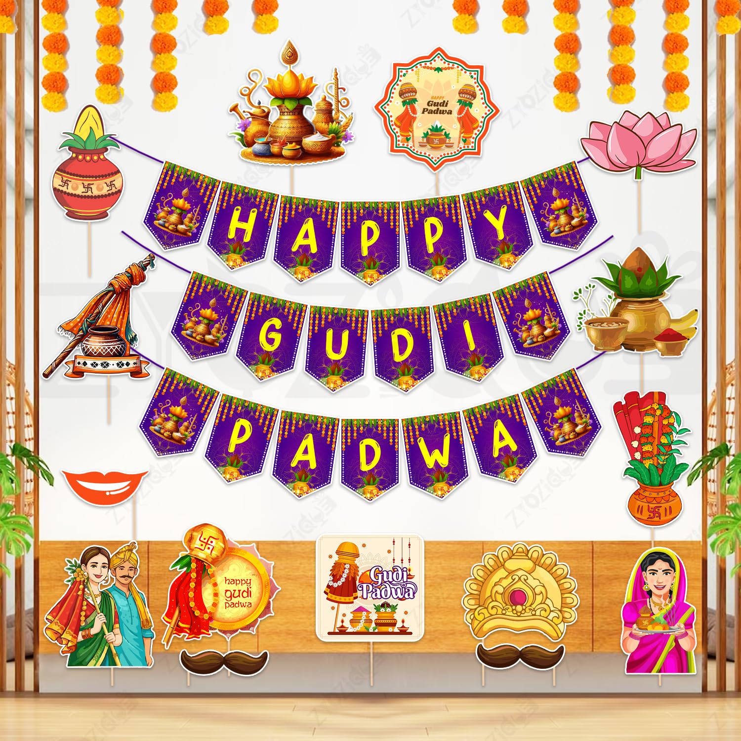 Zyozique Happy Gudi Padwa Decorations Set, Purple & Yellow Paper Banner with PhotoBooth Props, Indian Festival Theme Party Suppl