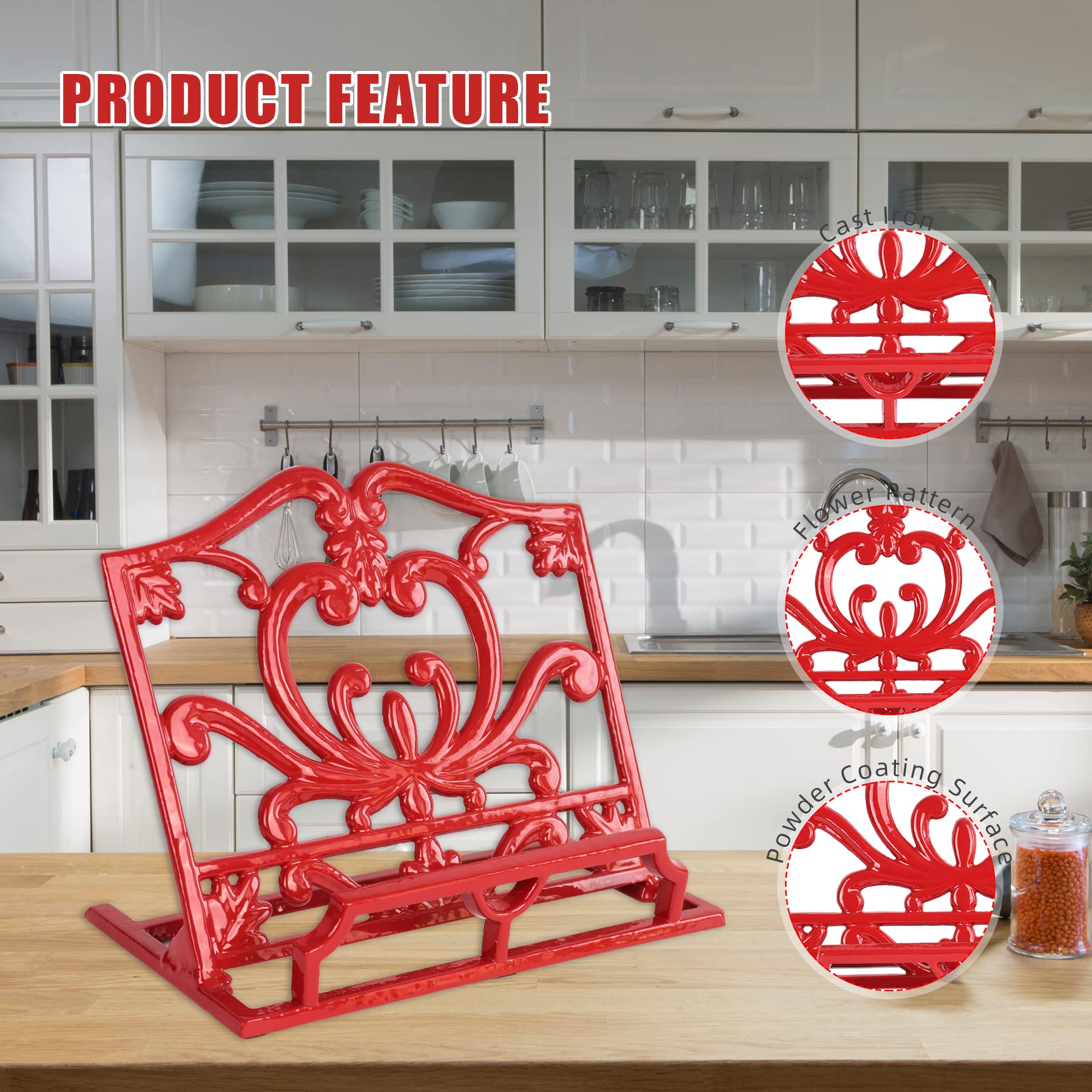 Minluful Cookbook Stand For Kitchen Counter, Vintage Cast Iron Metal Recipe Book Holder Flower Pattern Recipe Holder Cook Book S