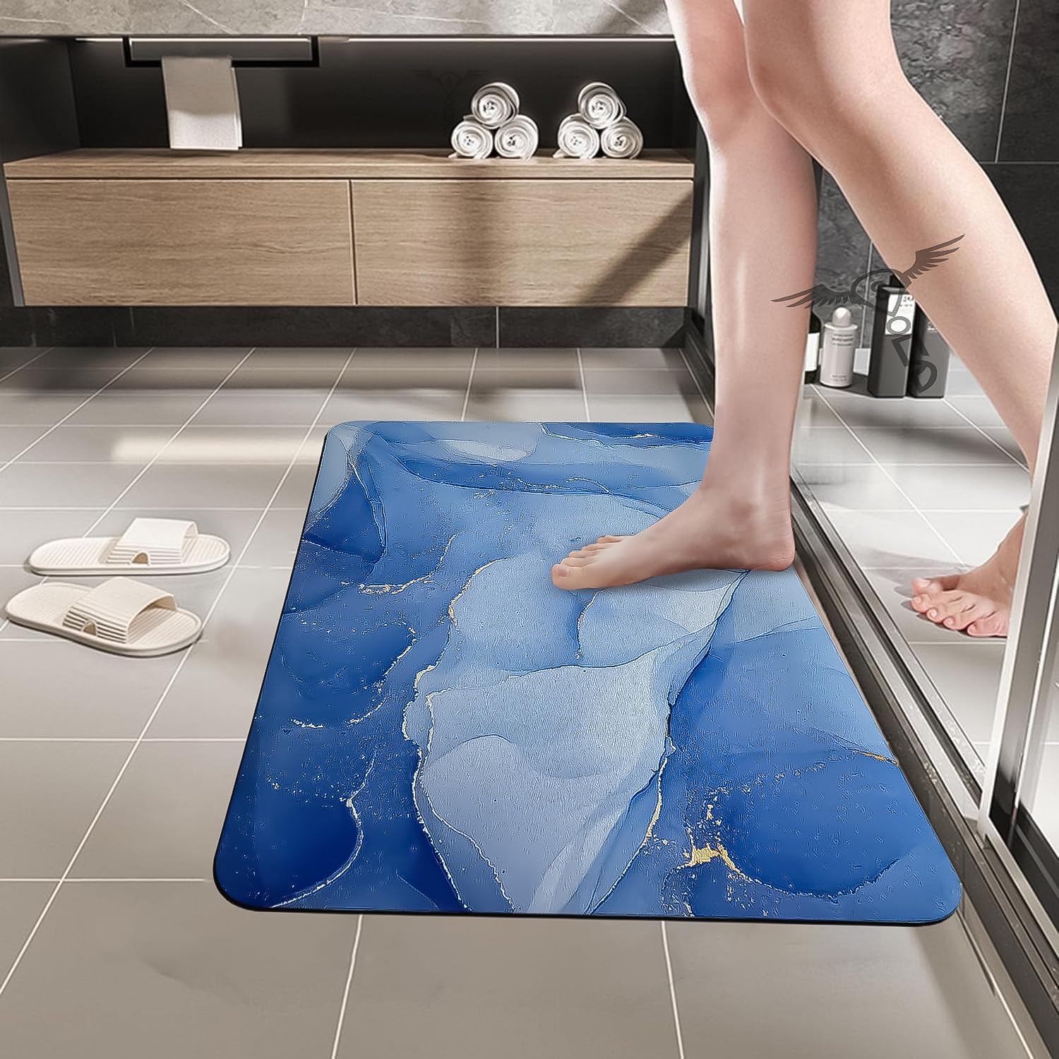 Sittella Rubber 3 Pieces (3.5Mm)Anti - Skid Water Soaking Marble Print Rectangular Door Mat, Water Absorbent Mat (40X60Cm) Blue