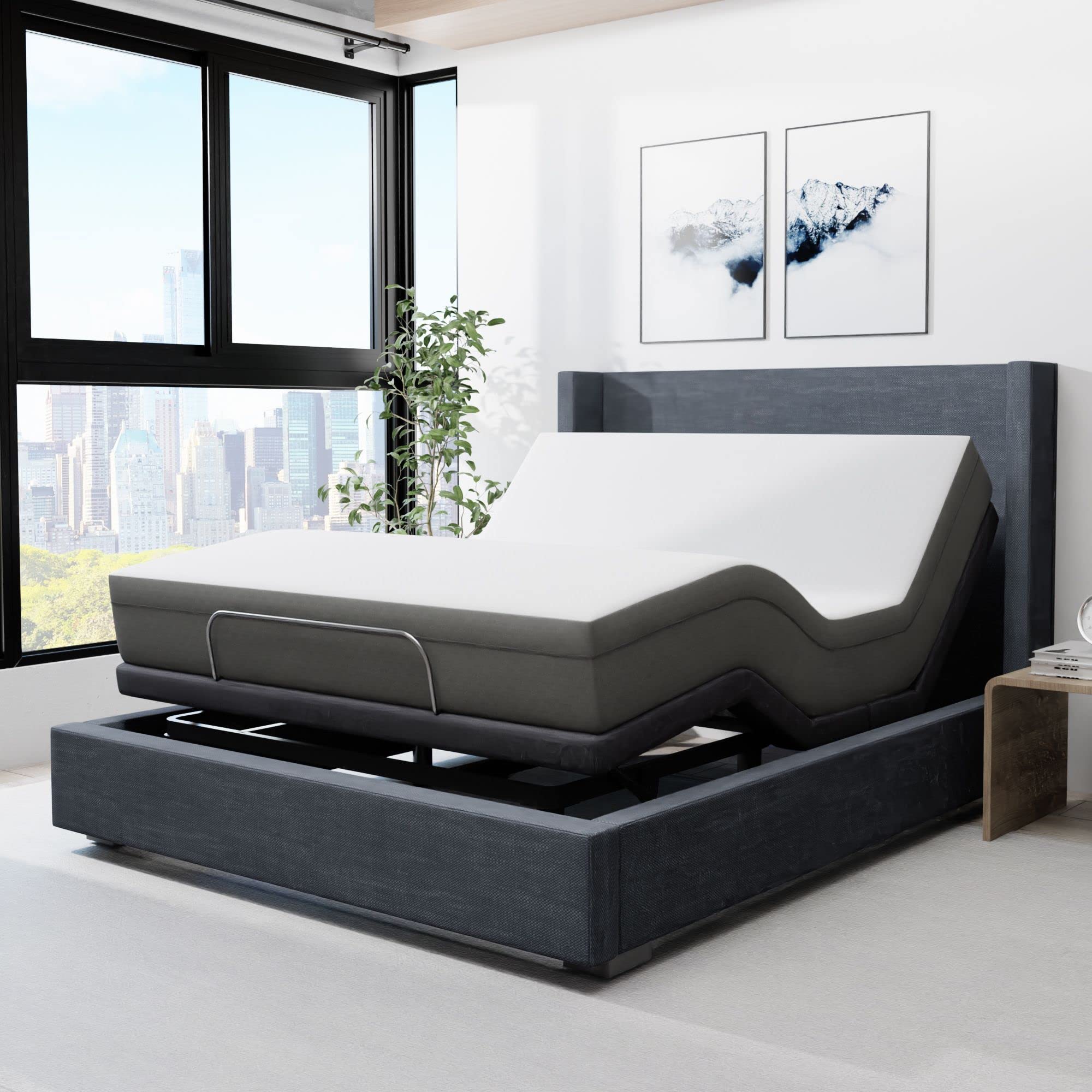 Blissful Nights E4 King Adjustable Bed Base Frame With 10'' Medium Firm Gel Infused Memory Foam Mattress