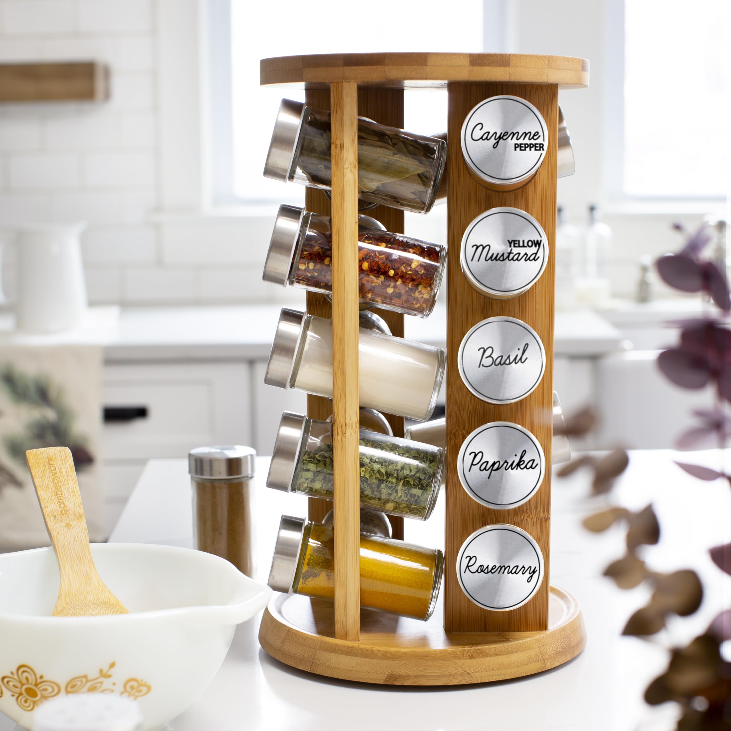 Orii 20 Jar Bamboo Spice Rack with Spices Included - Rotating Tower Organizer for Kitchen Spices and Seasonings, Free Spice Refi