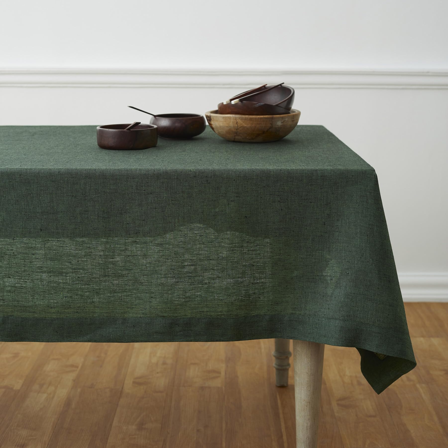 Solino Home Linen Tablecloth 132'' L X 60'' W Inch - 100% Pure Linen Forest Green Table Cloth For Rectangle Tables - Athena, Mac